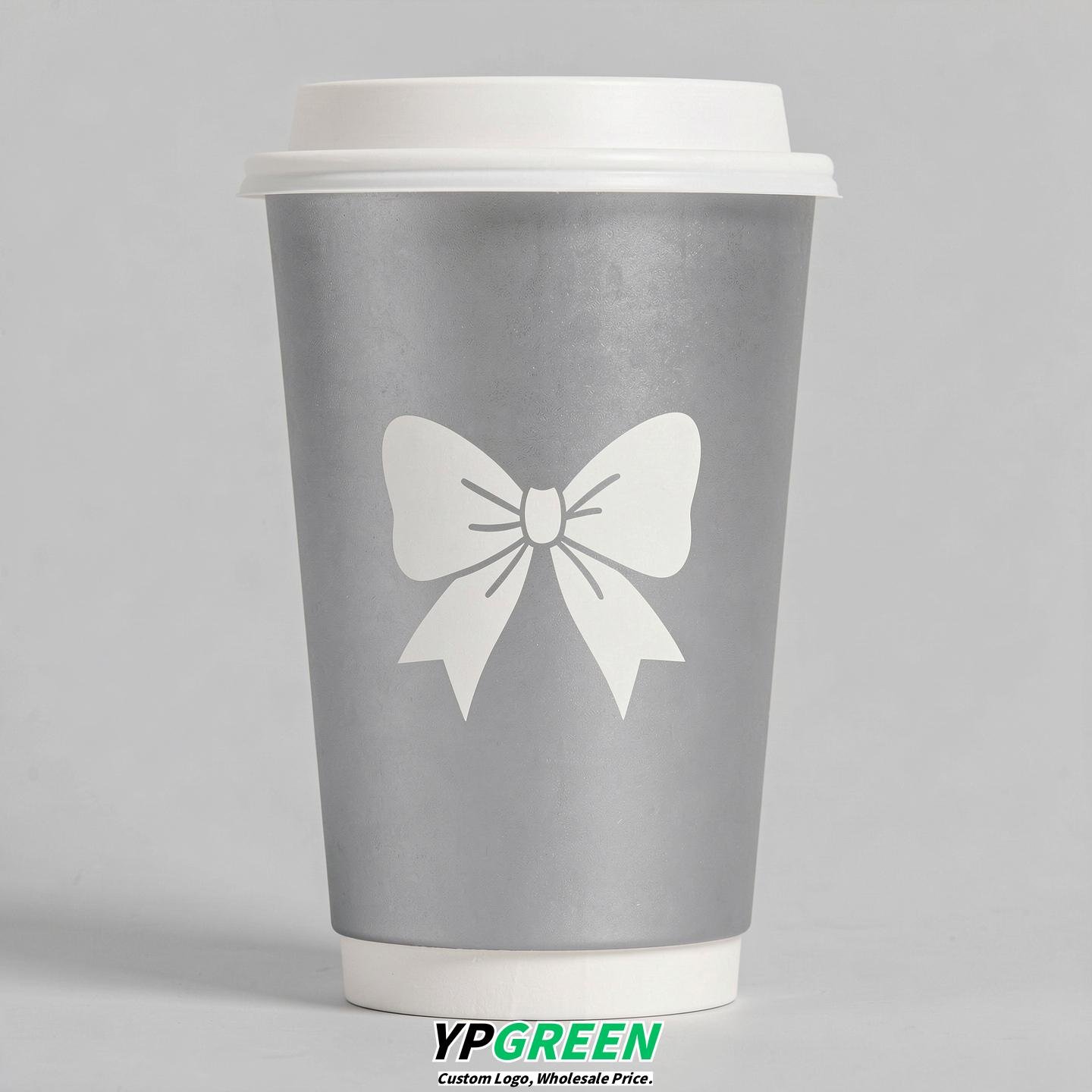 Silver Paper Cups with Bow Logo & Lids 8-24oz