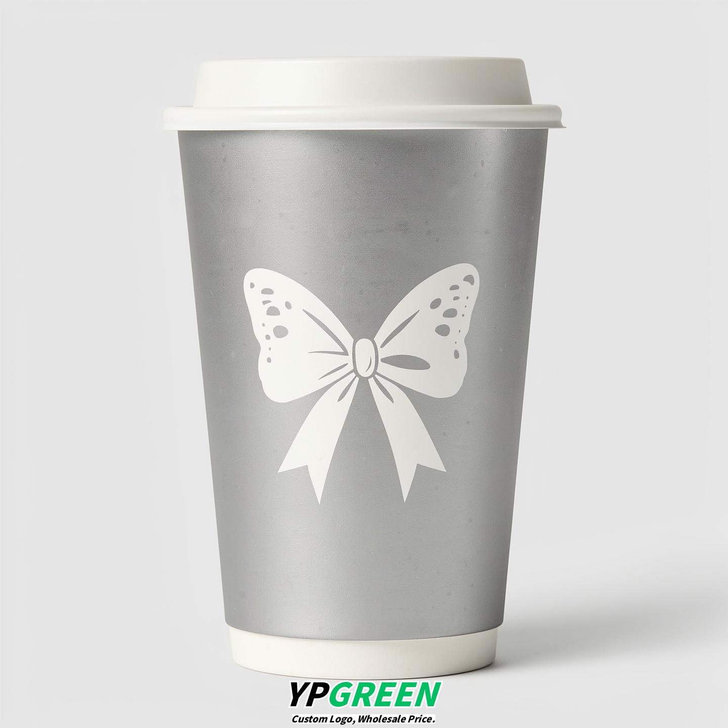 Silver Paper Cups with Bow Logo & Lids 8-24oz