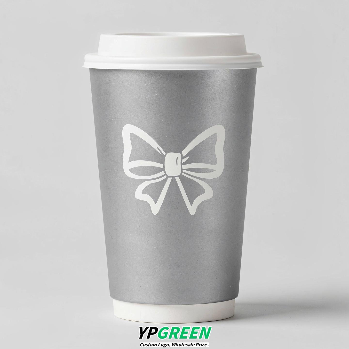 Silver Paper Cups with Bow Logo & Lids 8-24oz