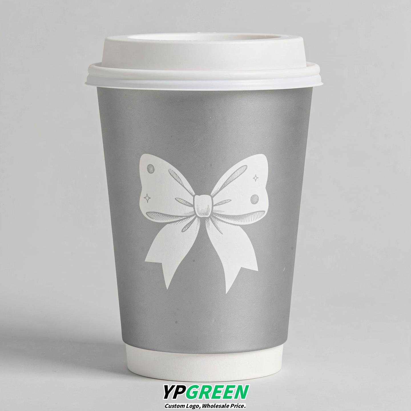 Silver Paper Cups with Bow Logo & Lids 8-24oz