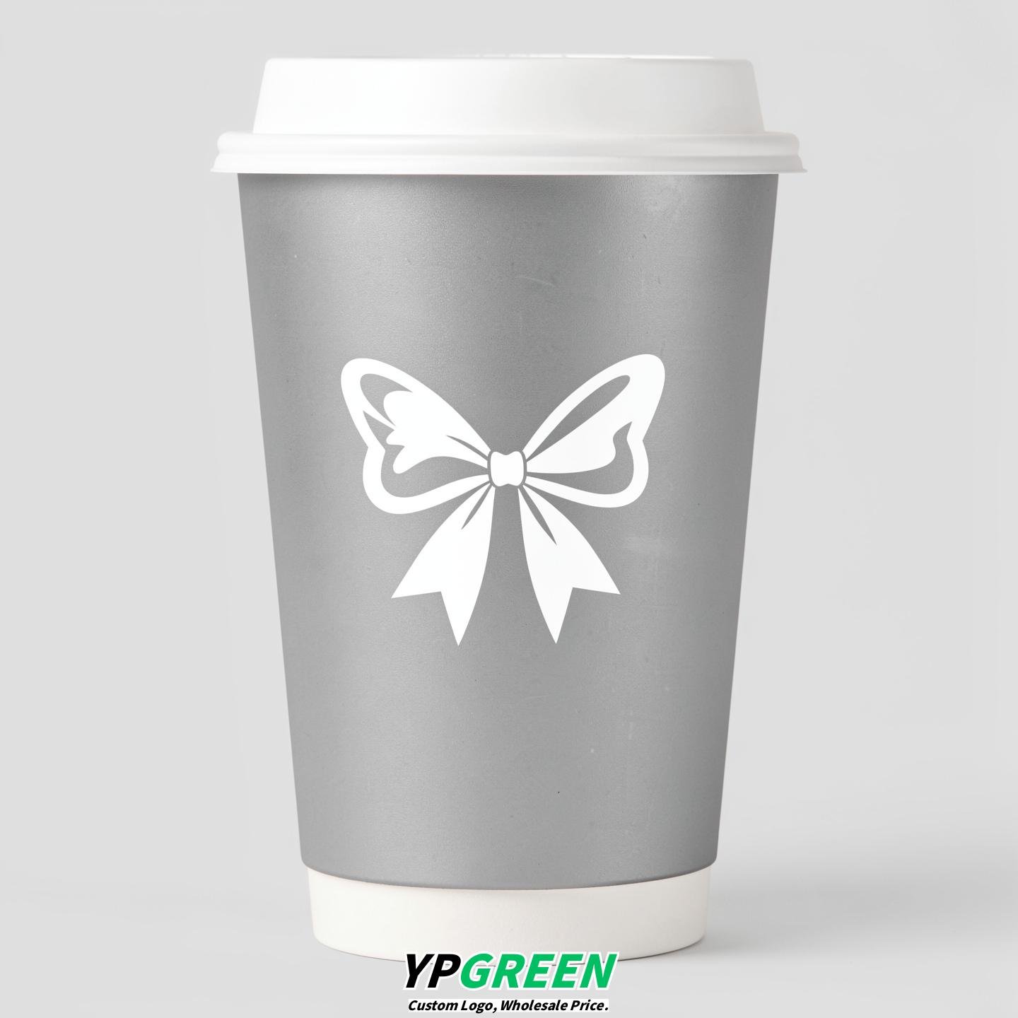 Silver Paper Cups with Bow Logo & Lids 8-24oz