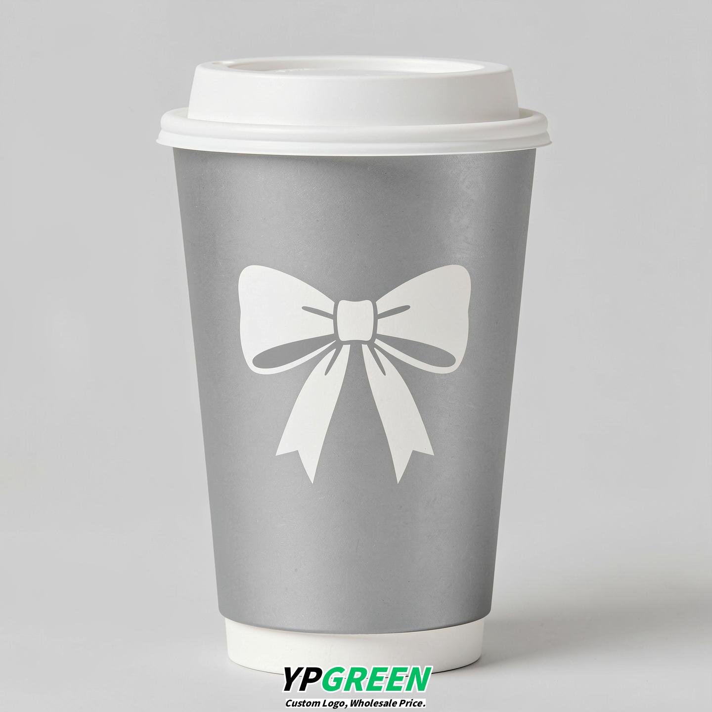 Silver Paper Cups with Bow Logo & Lids 8-24oz
