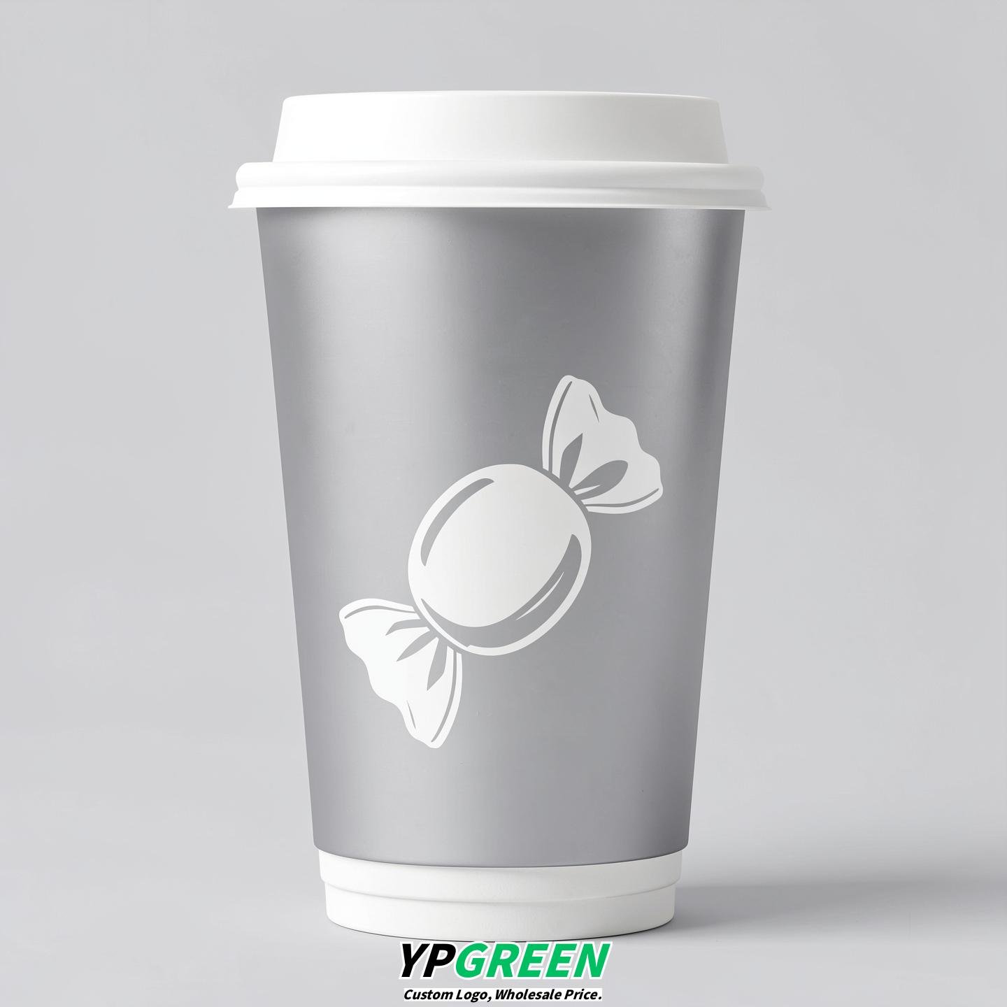 Silver Paper Cups with Candy Logo & Lids 8-24oz
