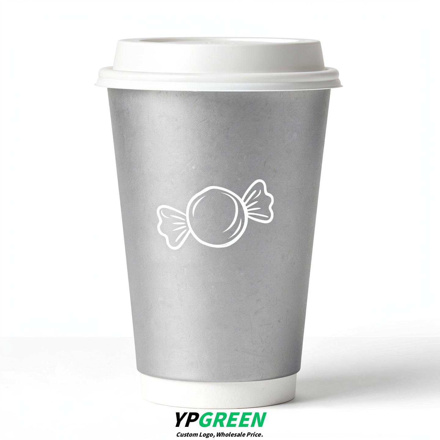 Silver Paper Cups with Candy Logo & Lids 8-24oz
