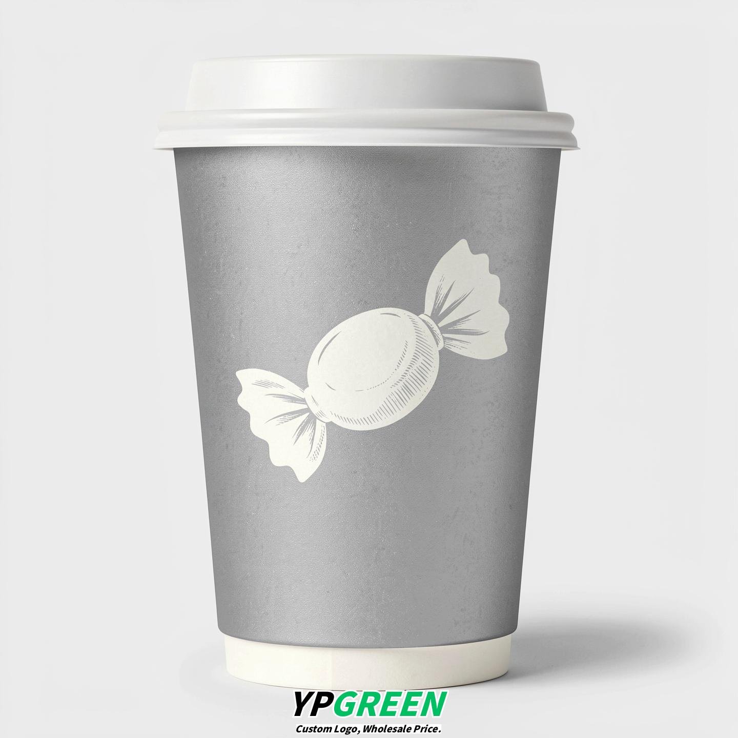 Silver Paper Cups with Candy Logo & Lids 8-24oz
