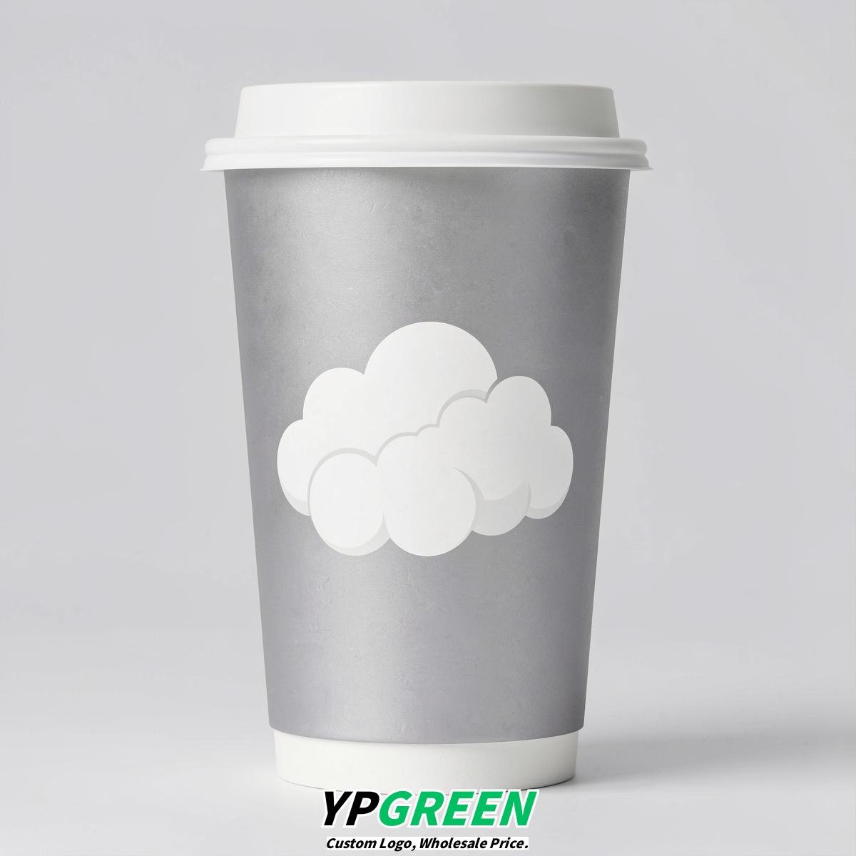 Silver Paper Cups with Clouds Logo & Lids 8-24oz