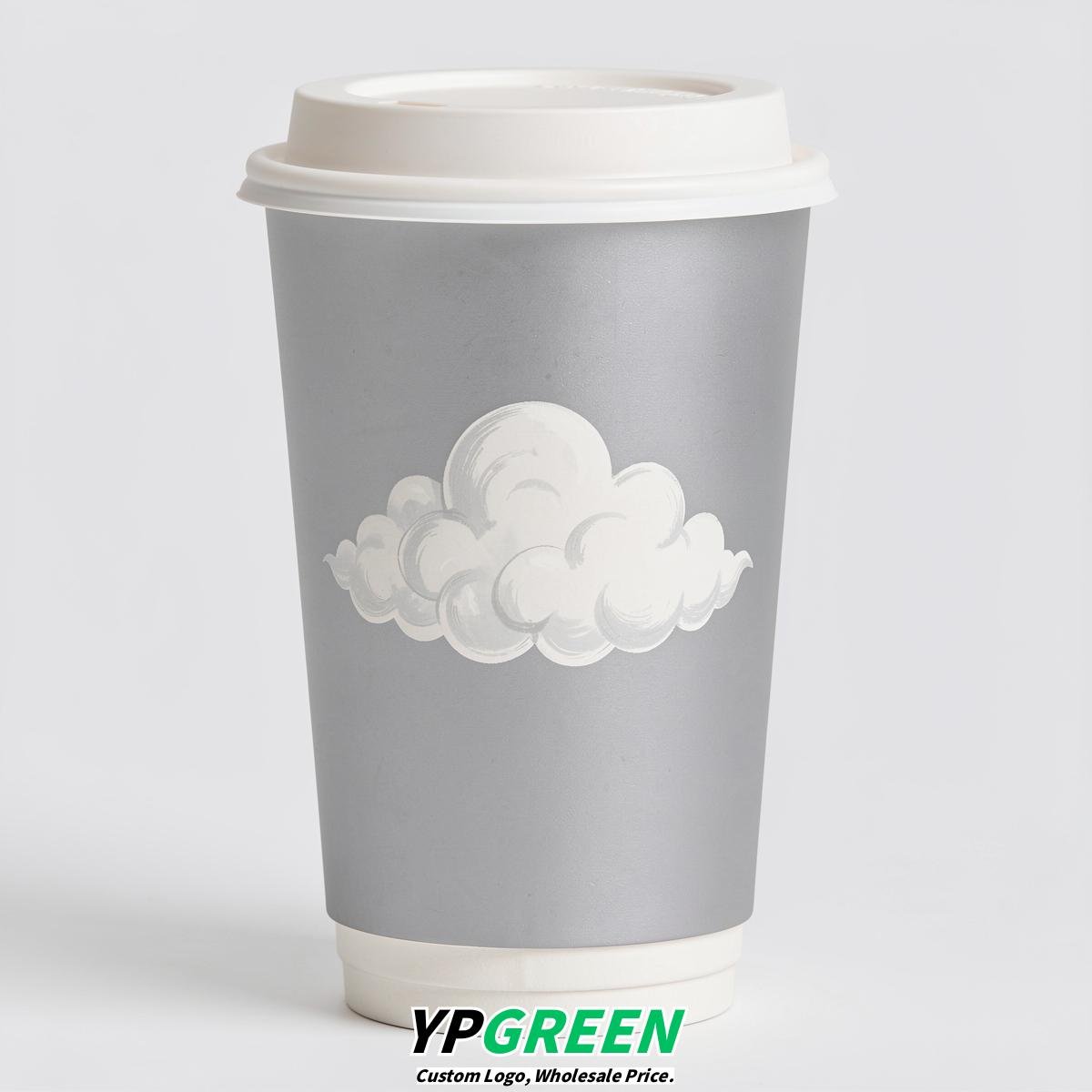 Silver Paper Cups with Clouds Logo & Lids 8-24oz
