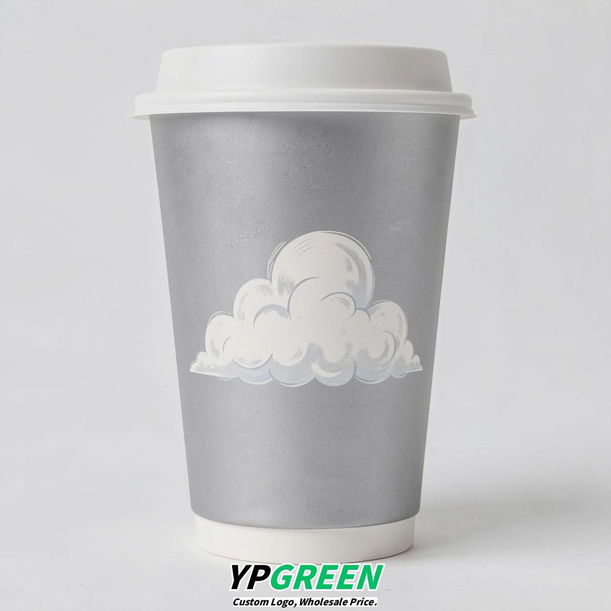 Silver Paper Cups with Clouds Logo & Lids 8-24oz
