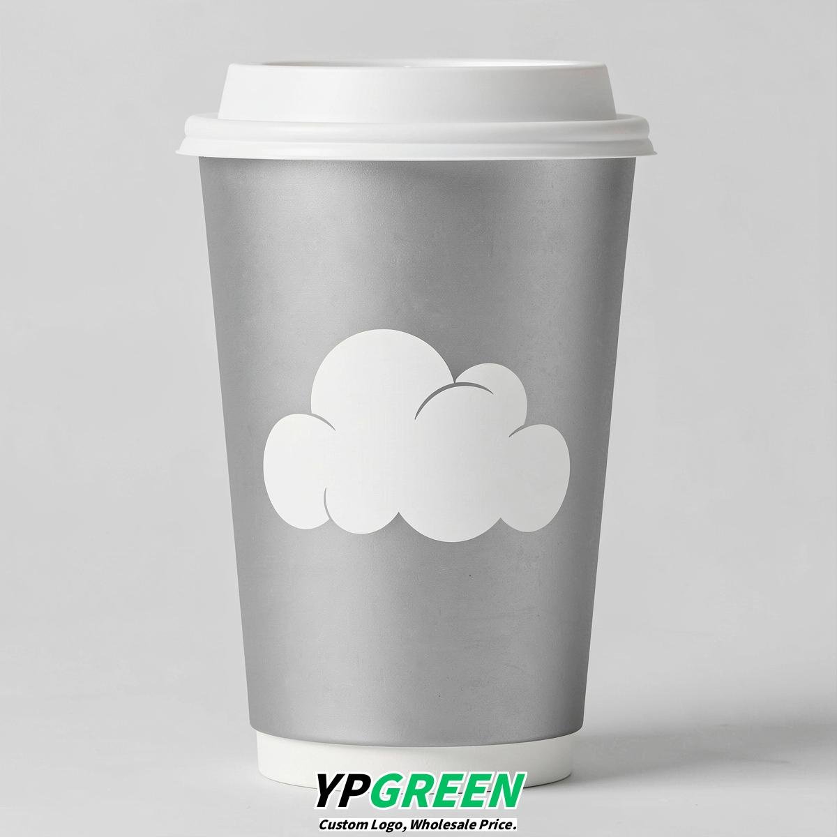 Silver Paper Cups with Clouds Logo & Lids 8-24oz