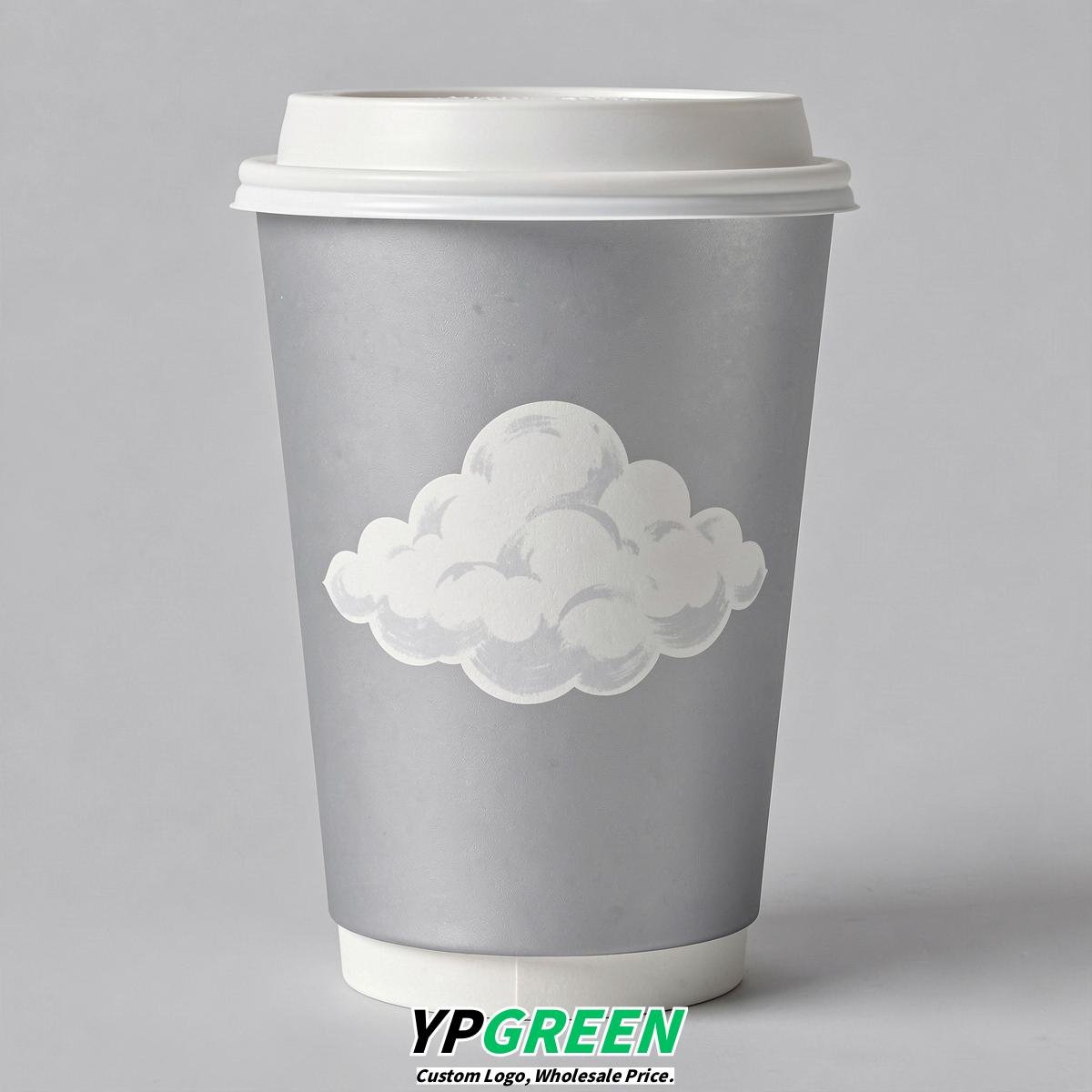 Silver Paper Cups with Clouds Logo & Lids 8-24oz