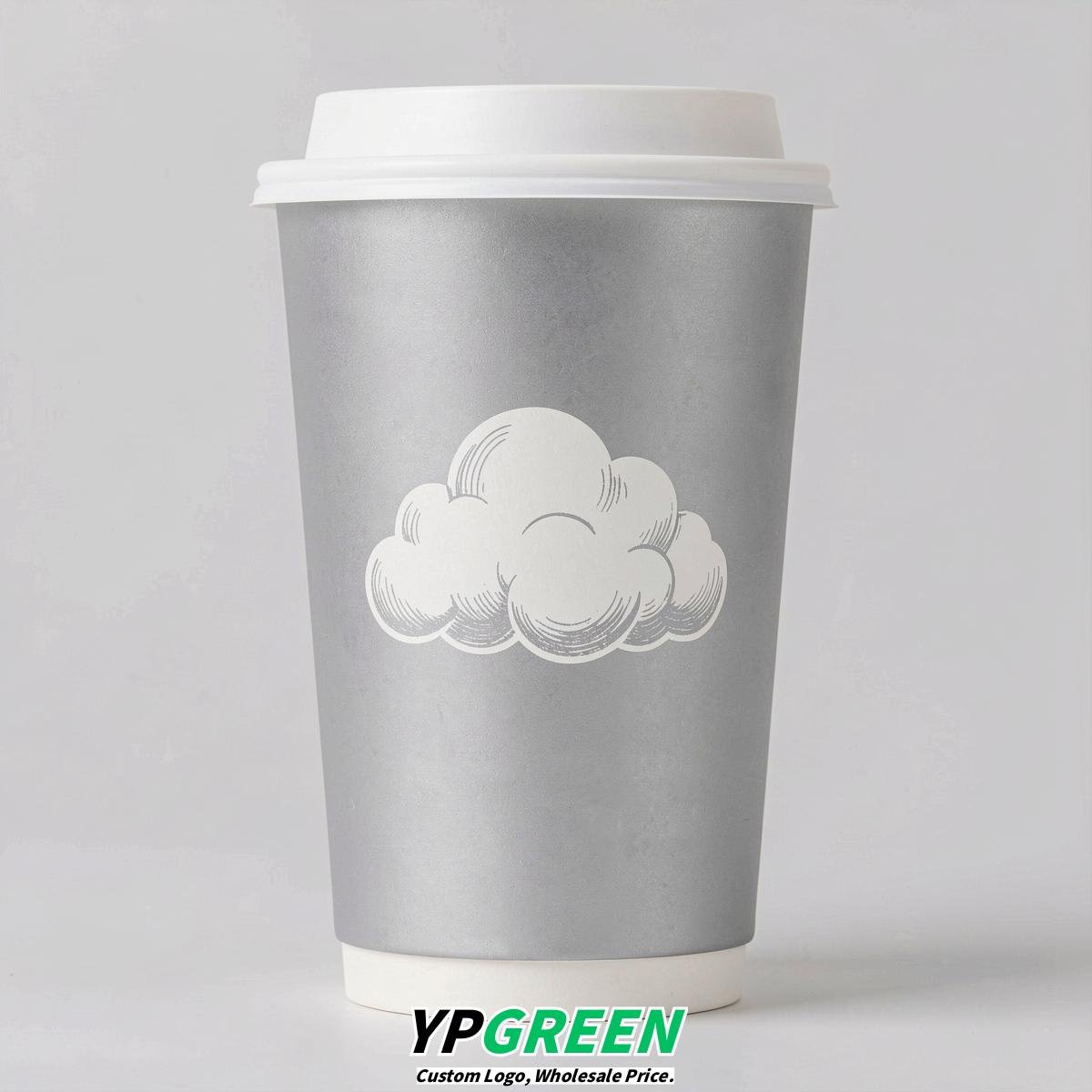 Silver Paper Cups with Clouds Logo & Lids 8-24oz