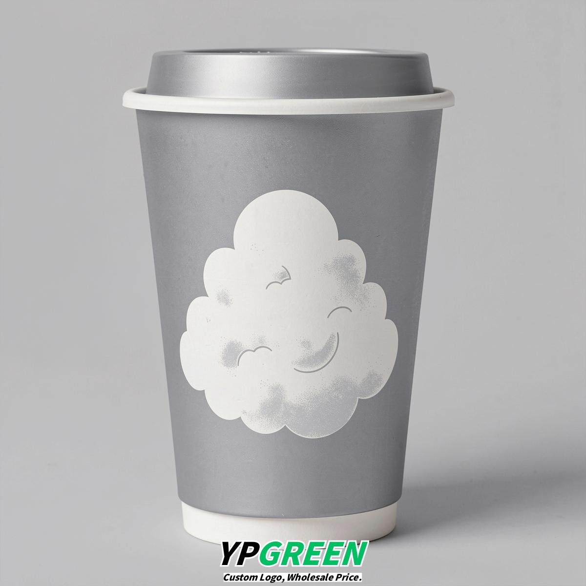 Silver Paper Cups with Clouds Logo & Lids 8-24oz