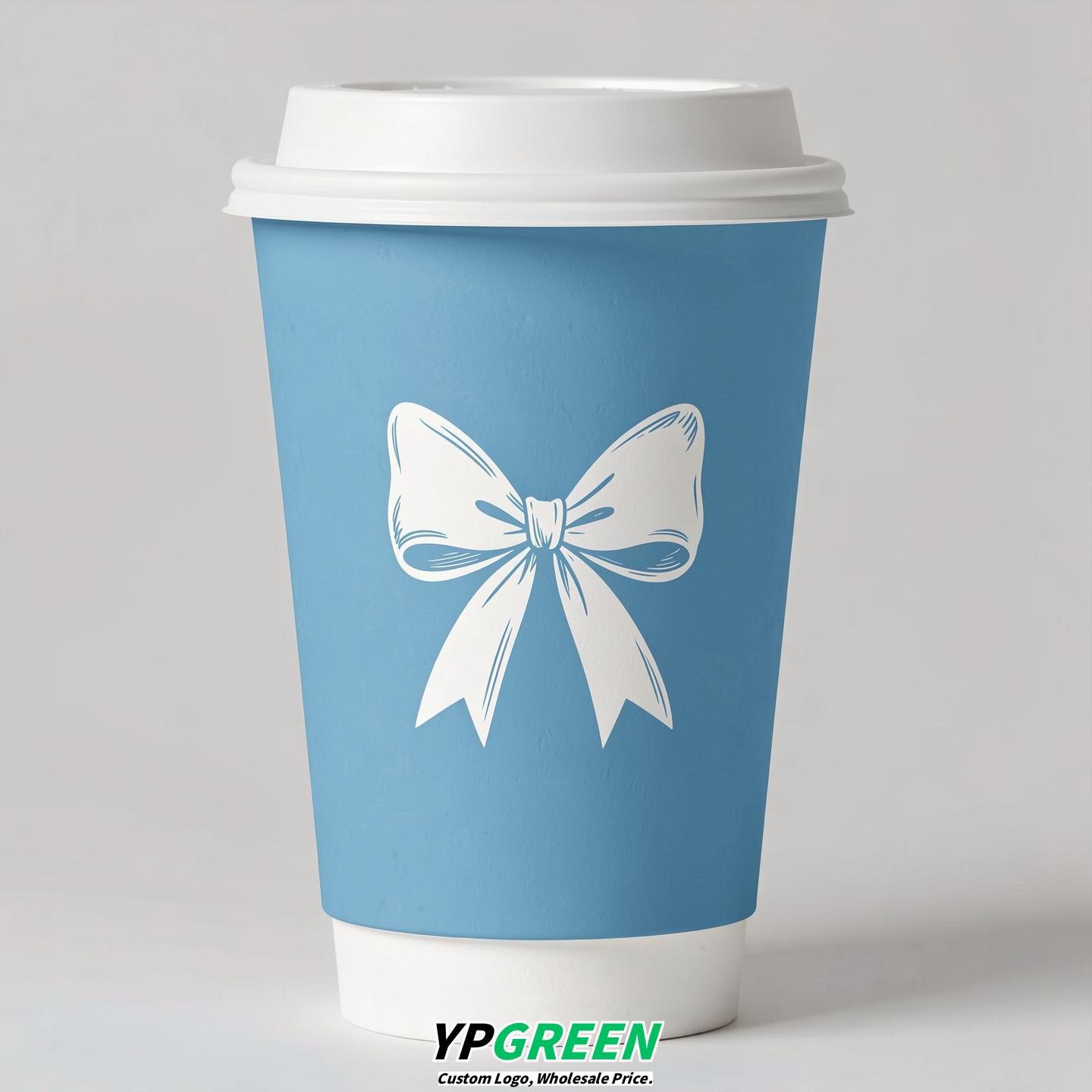 Sky Blue Paper Cups with Bow Logo & Lids 8-24oz