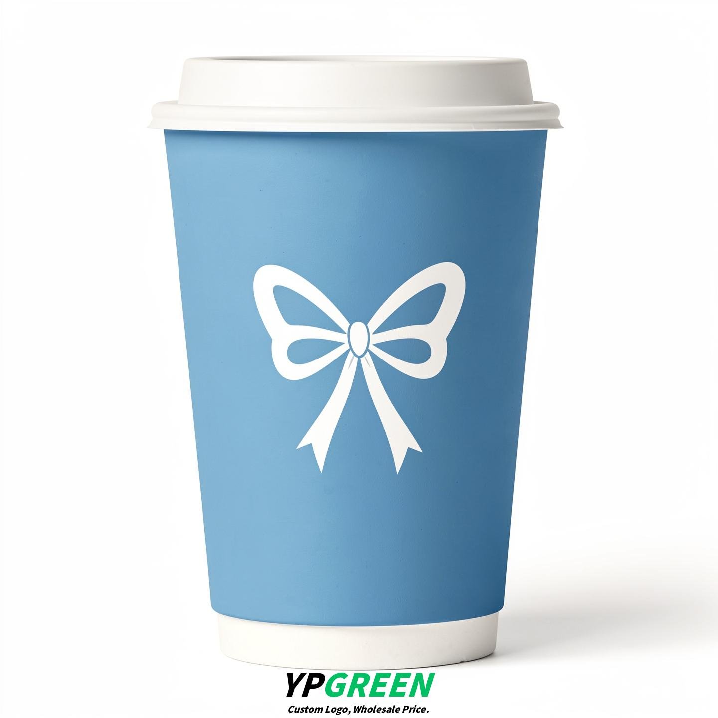 Sky Blue Paper Cups with Bow Logo & Lids 8-24oz