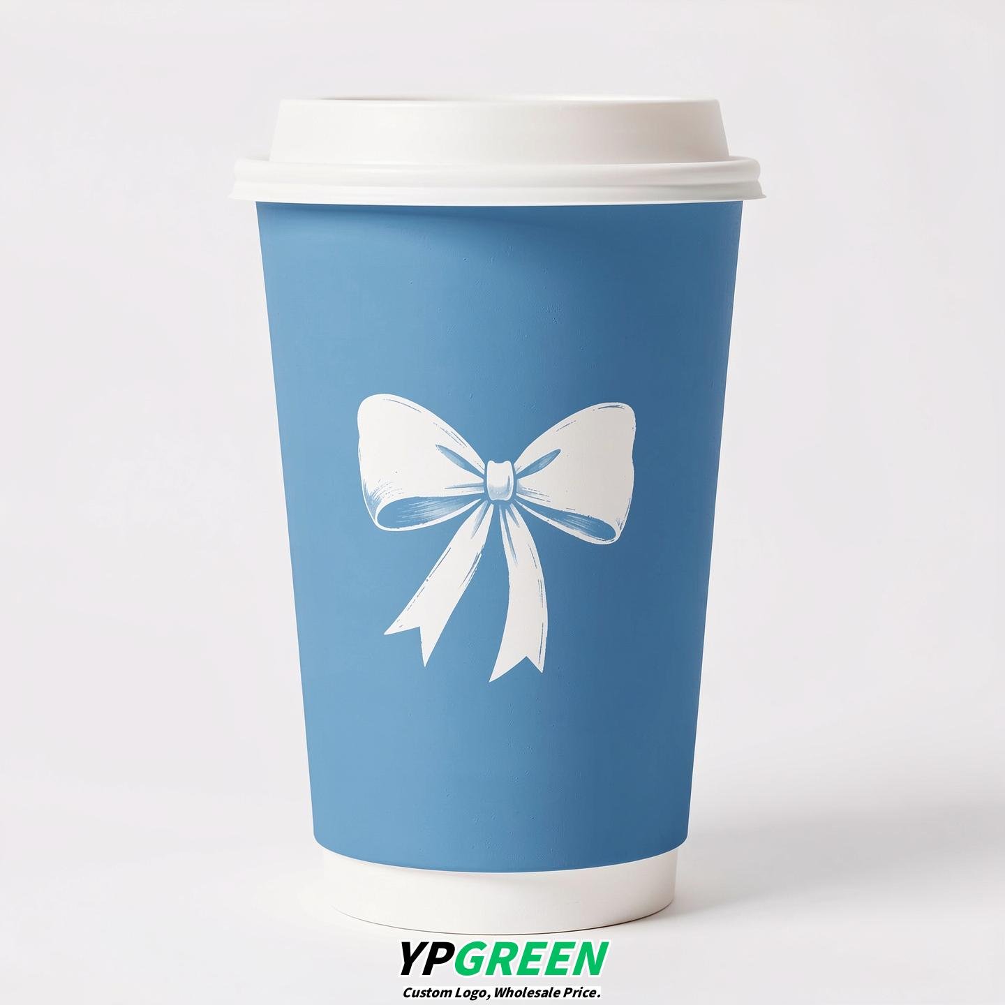 Sky Blue Paper Cups with Bow Logo & Lids 8-24oz
