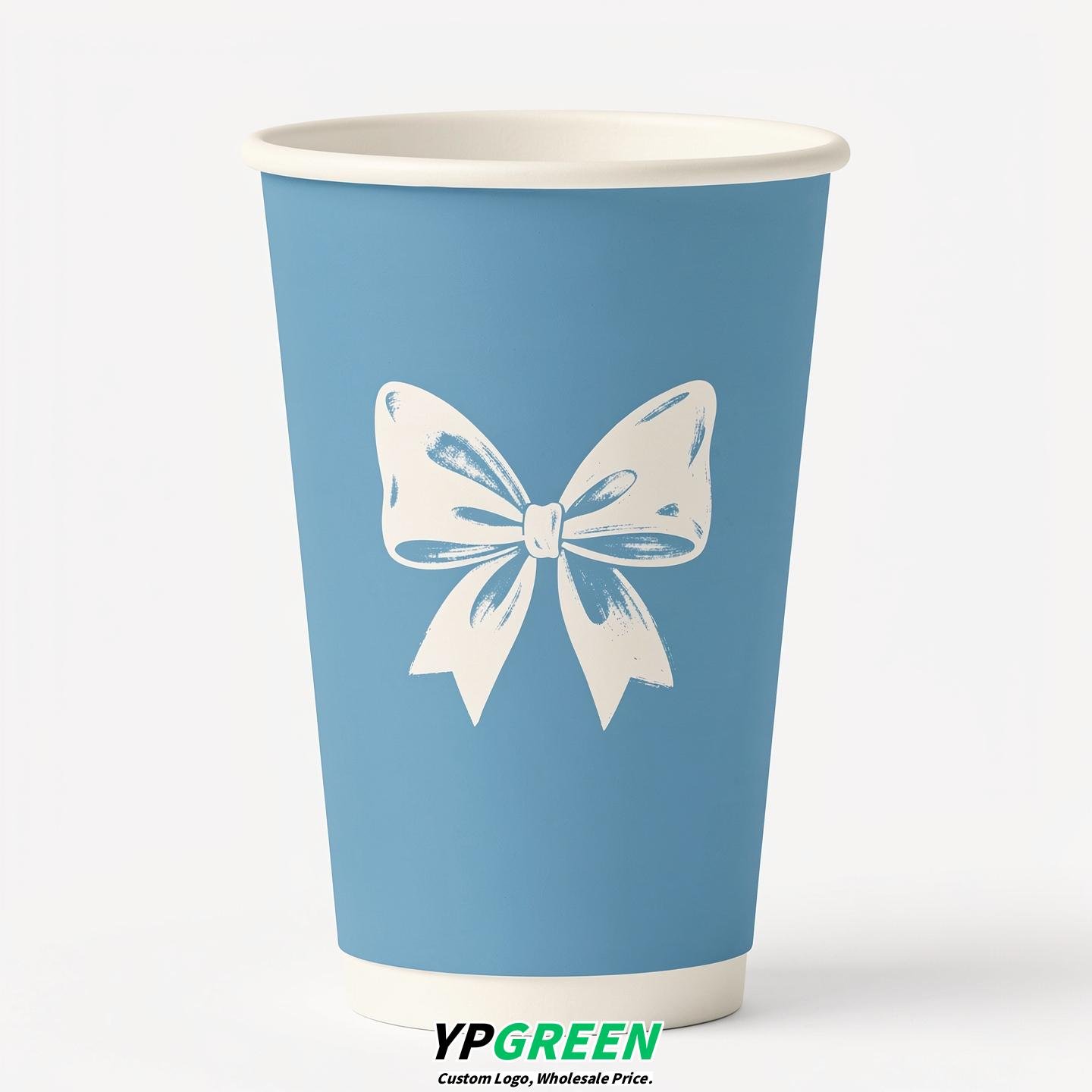 Sky Blue Paper Cups with Bow Logo & Lids 8-24oz