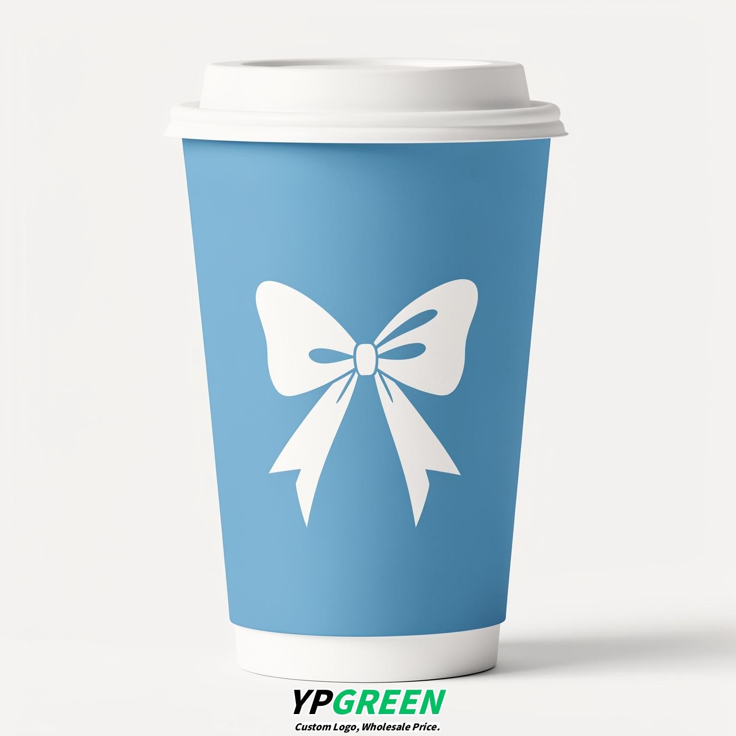 Sky Blue Paper Cups with Bow Logo & Lids 8-24oz