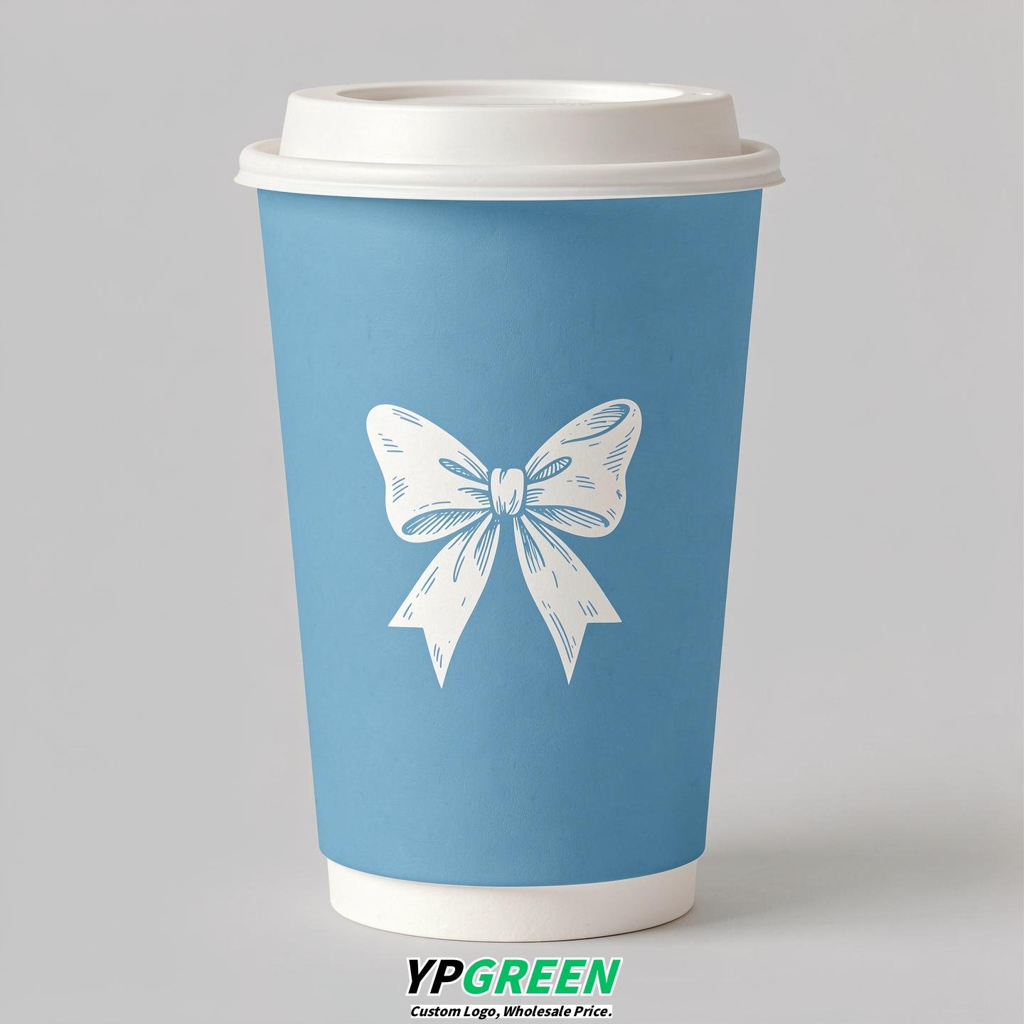 Sky Blue Paper Cups with Bow Logo & Lids 8-24oz