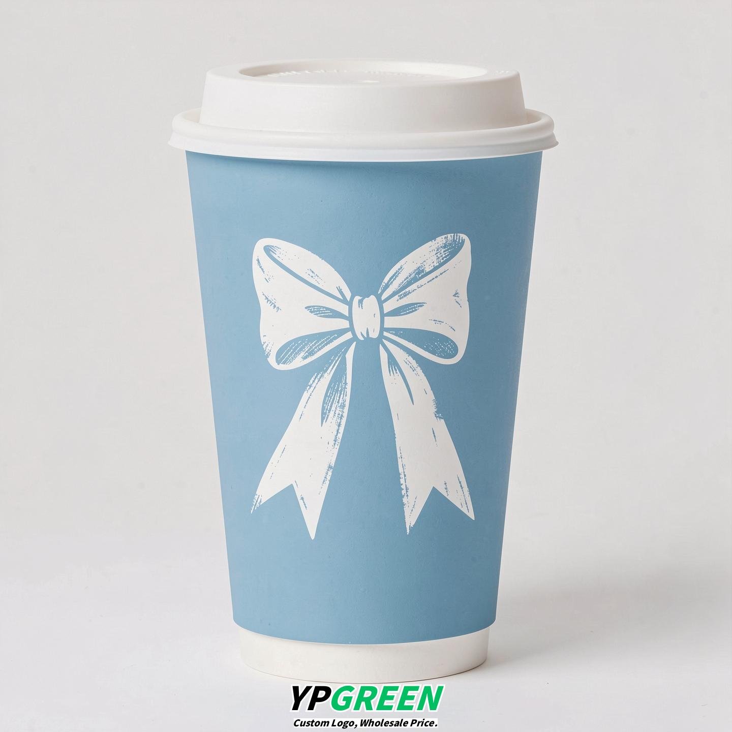 Sky Blue Paper Cups with Bow Logo & Lids 8-24oz