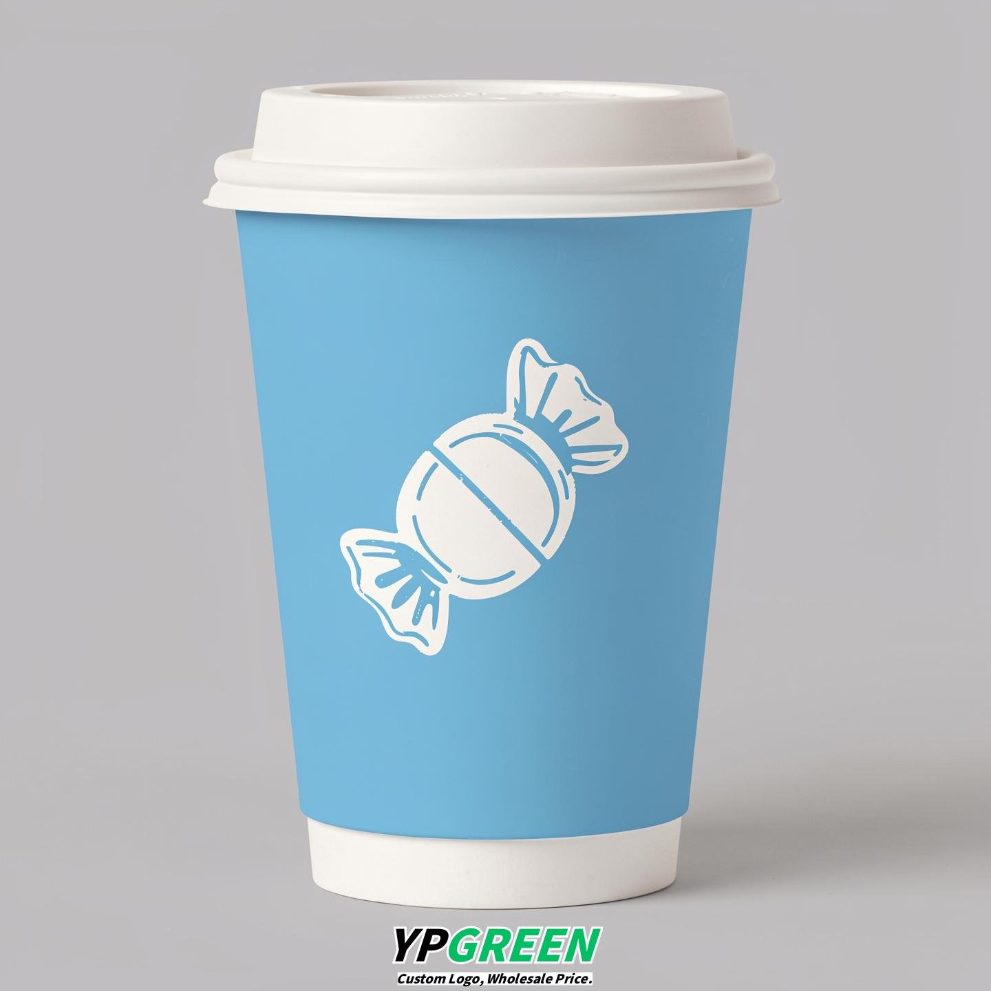 Sky Blue Paper Cups with Candy Logo & Lids 8-24oz