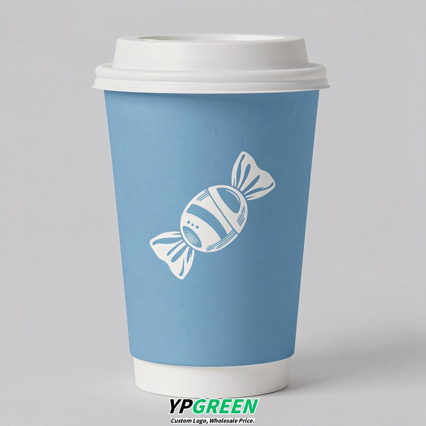 Sky Blue Paper Cups with Candy Logo & Lids 8-24oz
