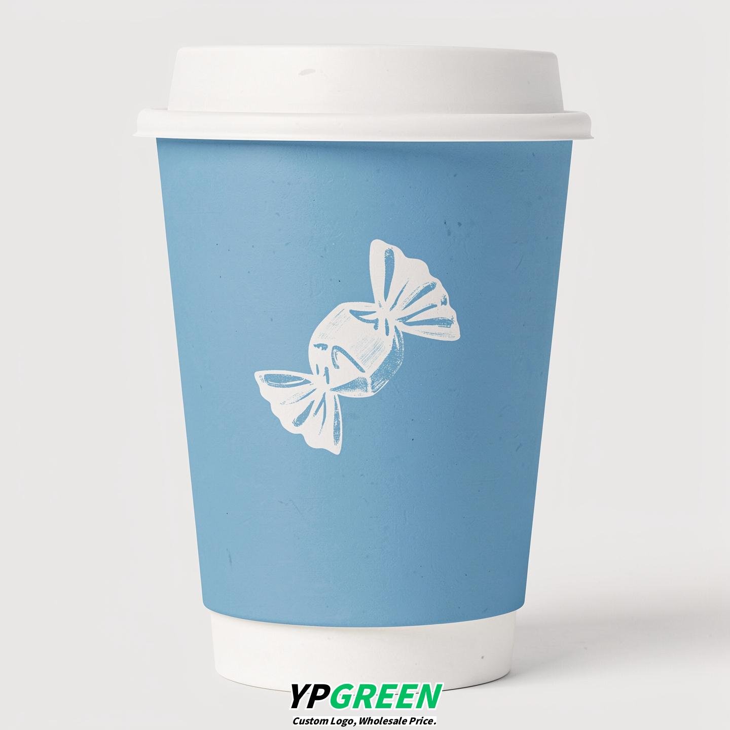 Sky Blue Paper Cups with Candy Logo & Lids 8-24oz