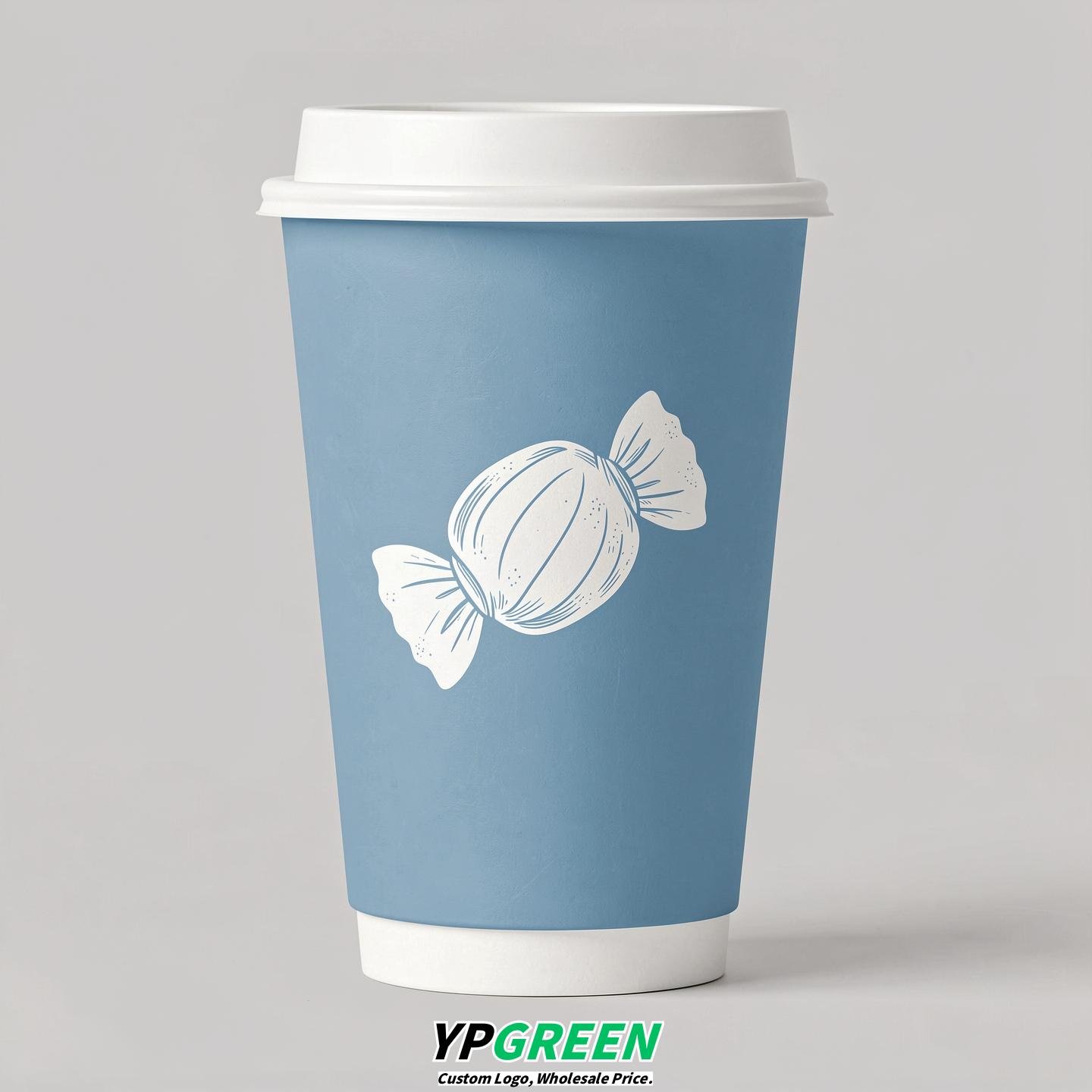 Sky Blue Paper Cups with Candy Logo & Lids 8-24oz