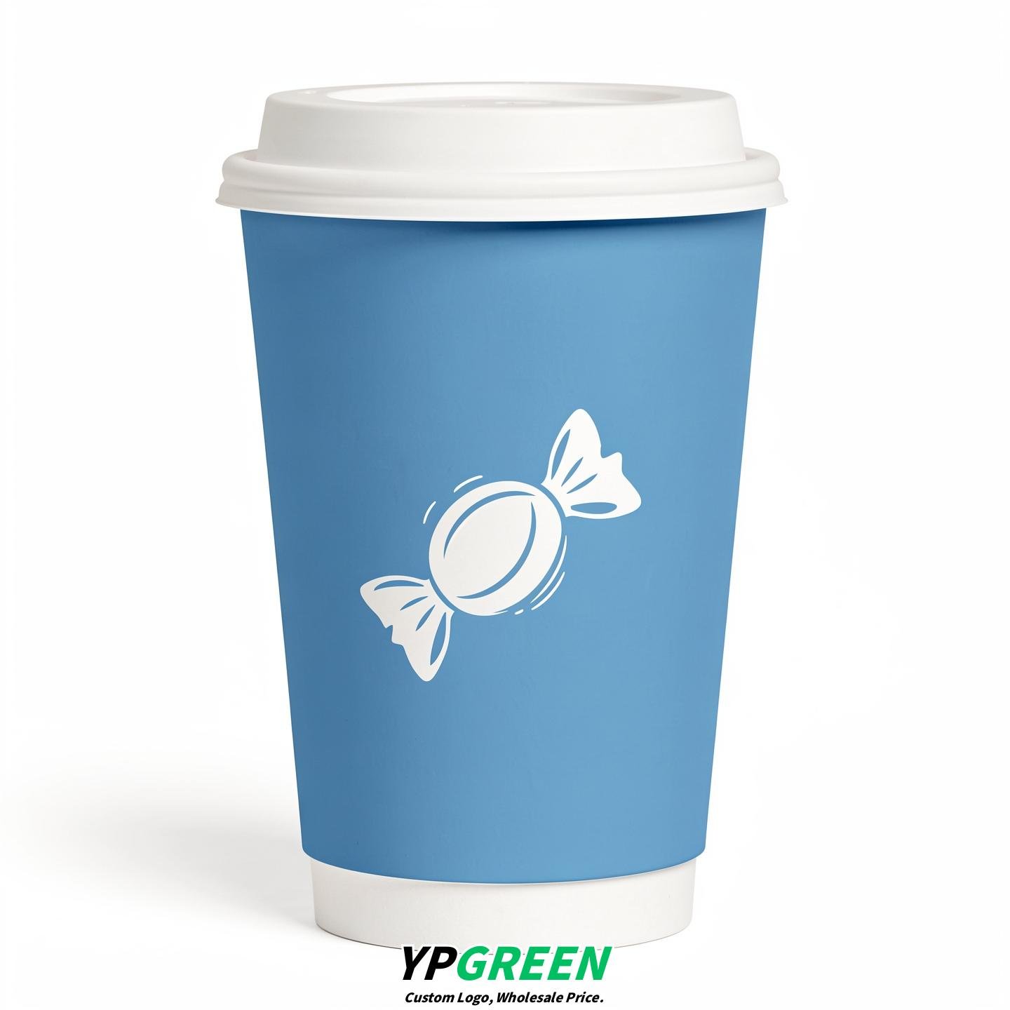 Sky Blue Paper Cups with Candy Logo & Lids 8-24oz