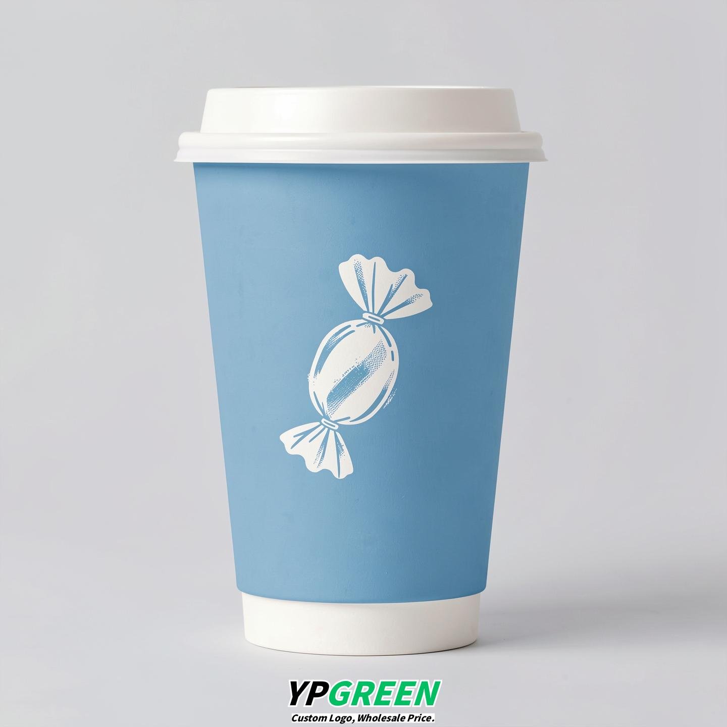 Sky Blue Paper Cups with Candy Logo & Lids 8-24oz