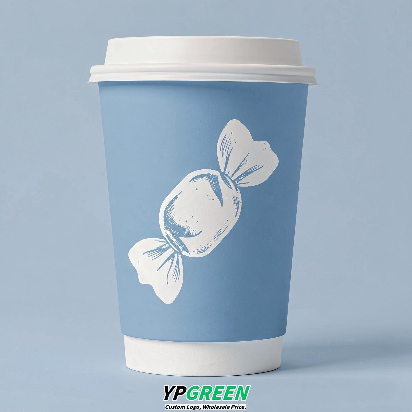 Sky Blue Paper Cups with Candy Logo & Lids 8-24oz