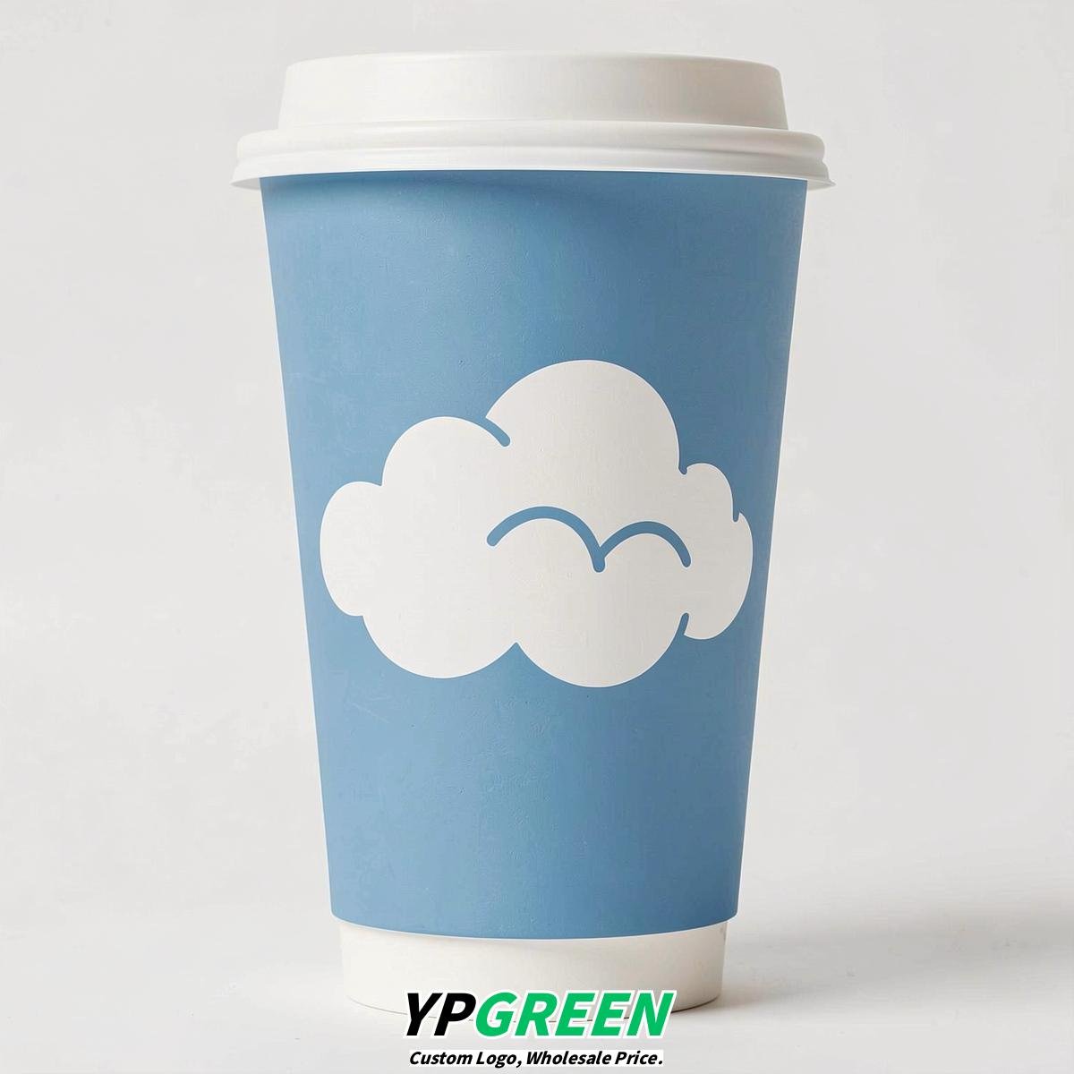 Sky Blue Paper Cups with Clouds Logo & Lids 8-24oz