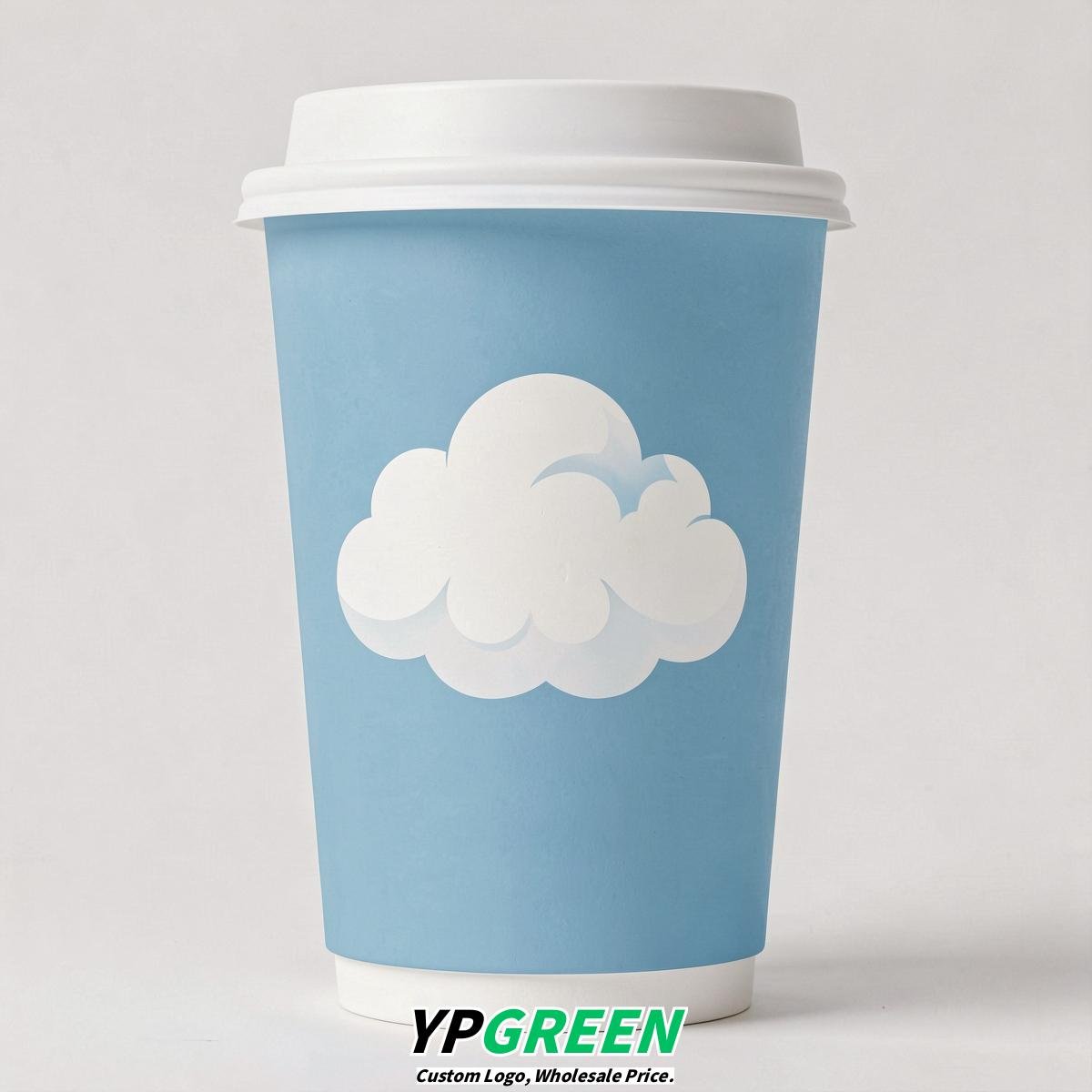 Sky Blue Paper Cups with Clouds Logo & Lids 8-24oz