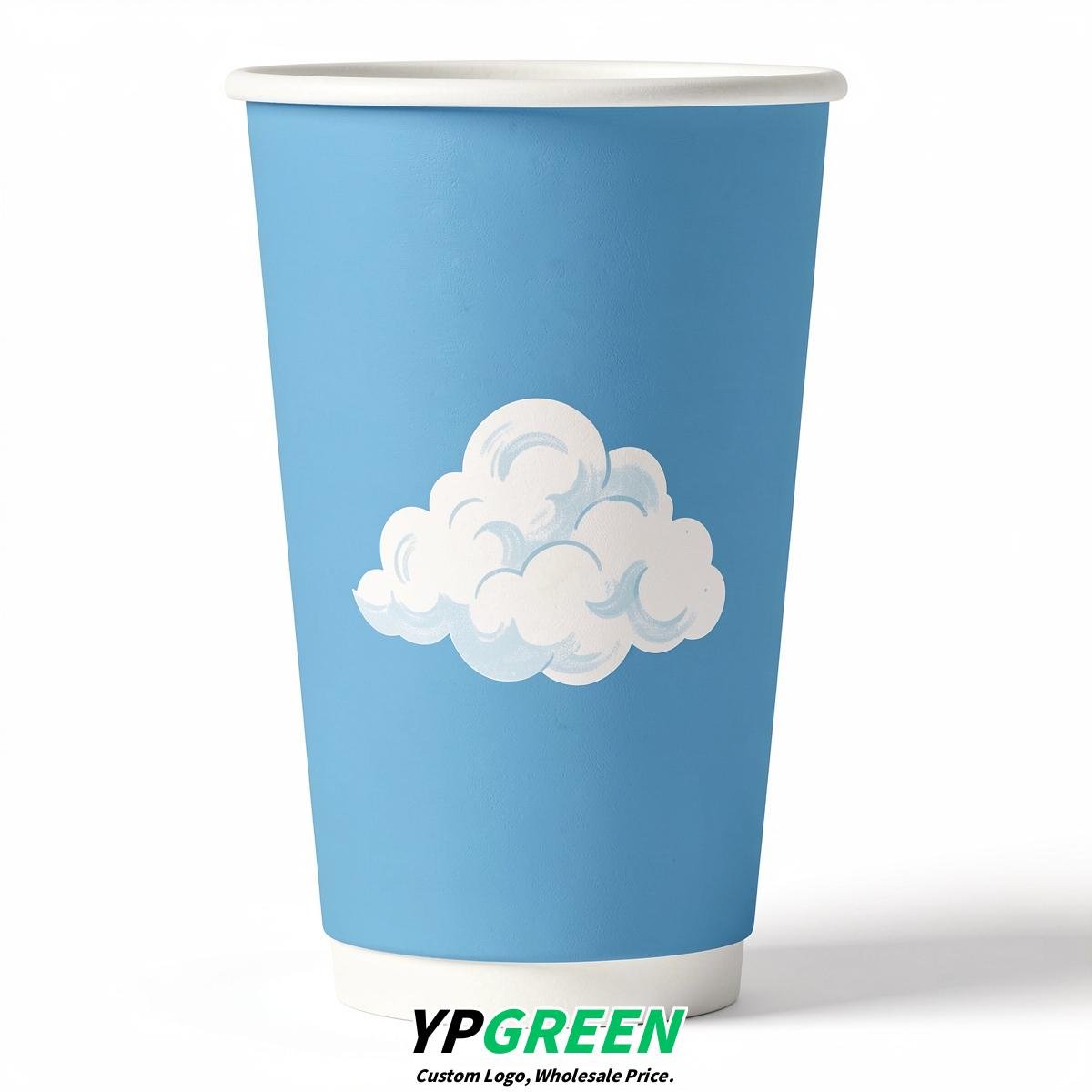 Sky Blue Paper Cups with Clouds Logo & Lids 8-24oz