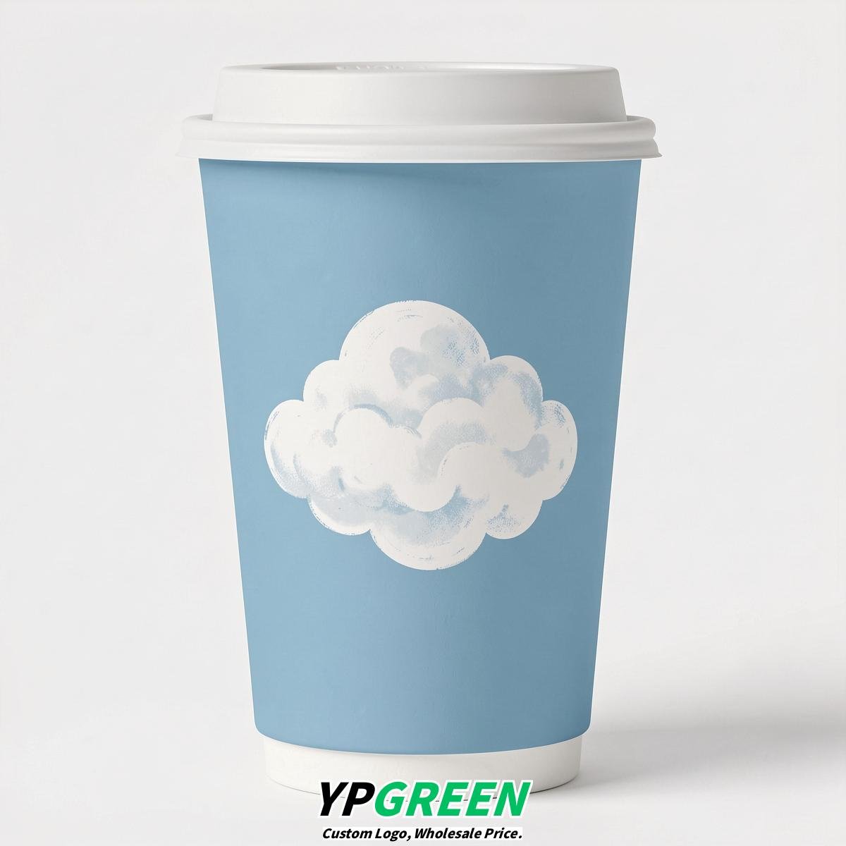 Sky Blue Paper Cups with Clouds Logo & Lids 8-24oz