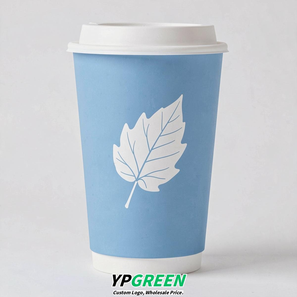 Sky Blue Leaves Paper Cups with Lids 8-24oz