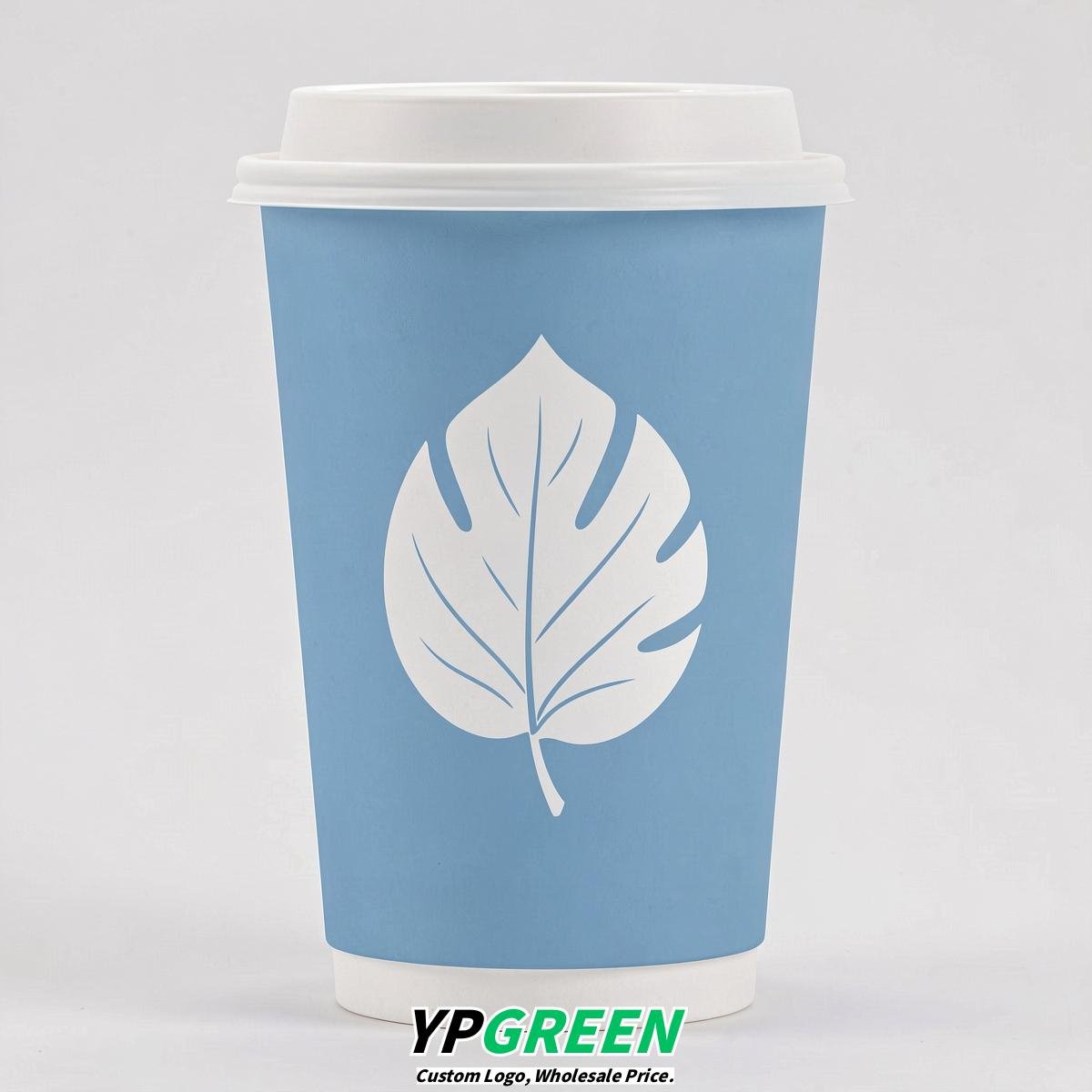 Sky Blue Leaves Paper Cups with Lids 8-24oz