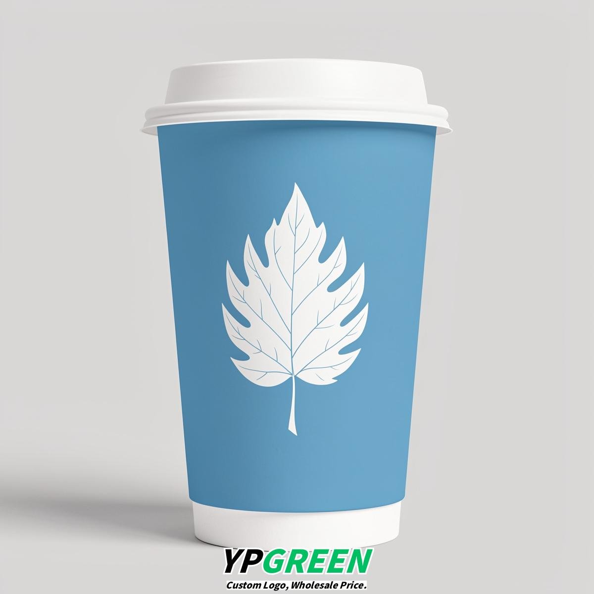 Sky Blue Leaves Paper Cups with Lids 8-24oz