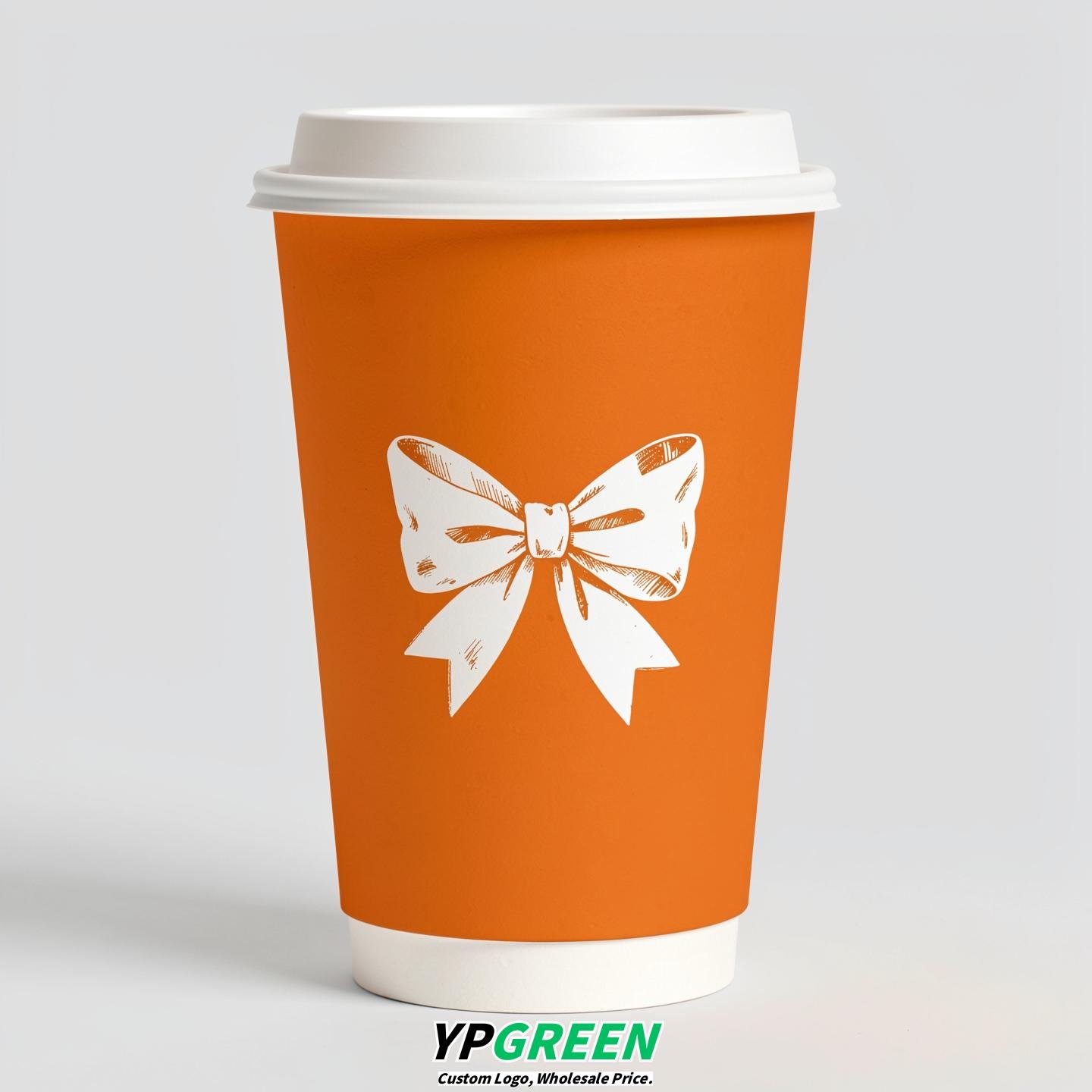 Tangerine Paper Cups with Bow Logo & Lids 8-24oz