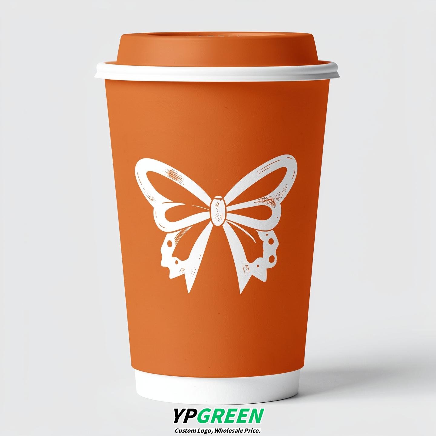 Tangerine Paper Cups with Bow Logo & Lids 8-24oz