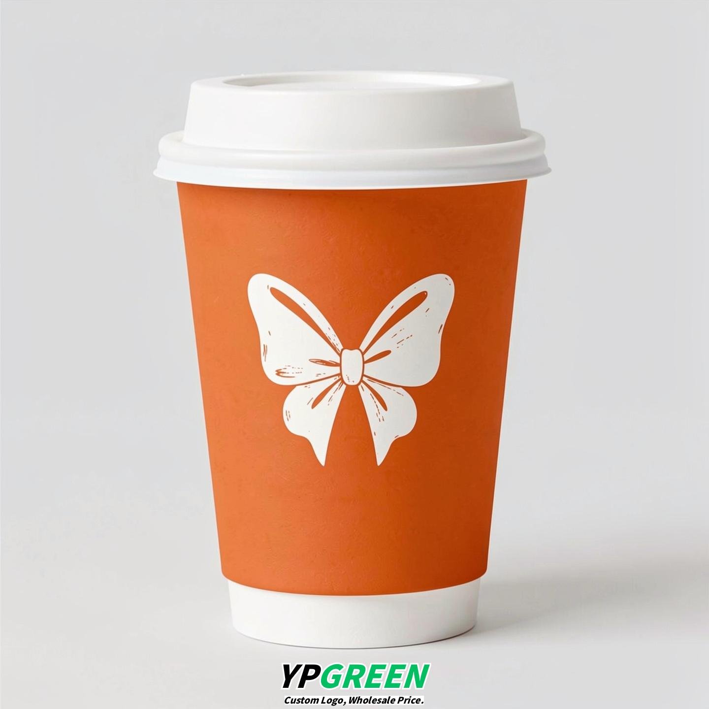 Tangerine Paper Cups with Bow Logo & Lids 8-24oz