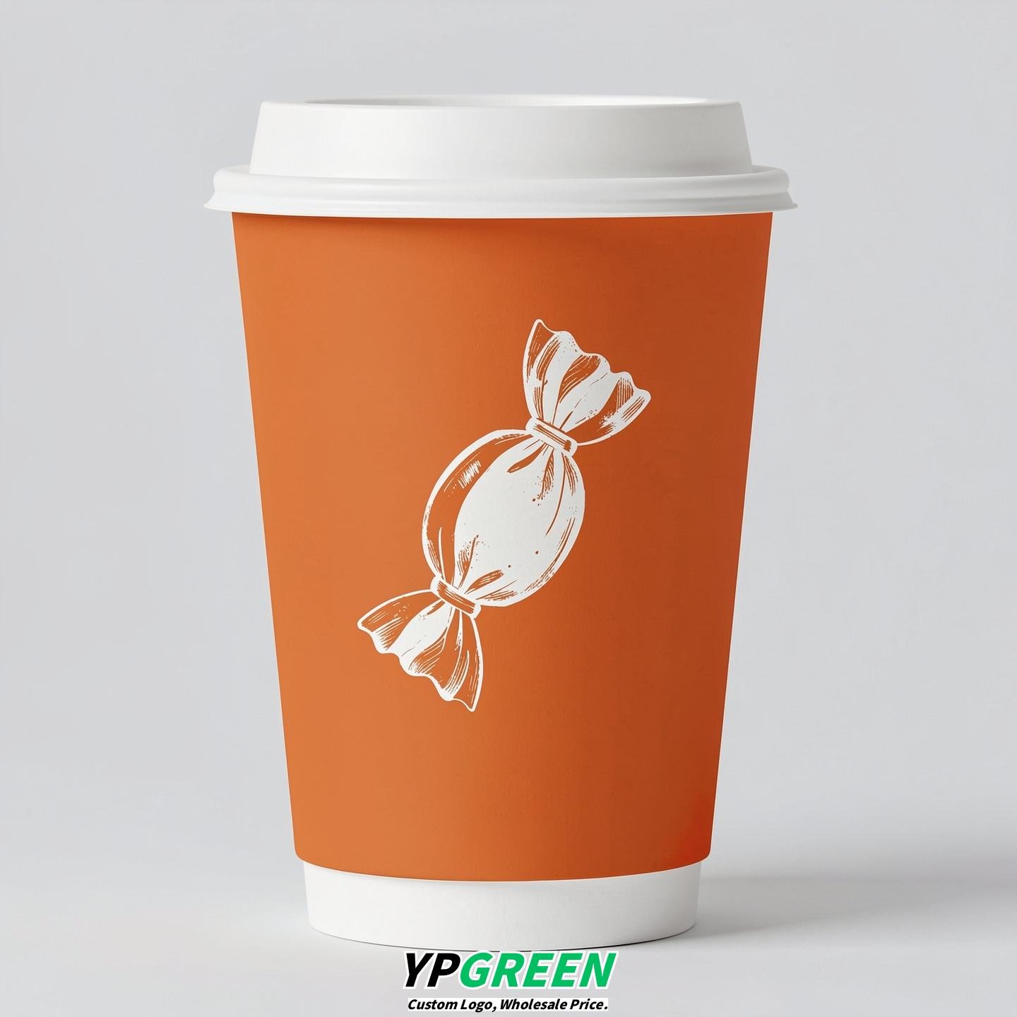 Tangerine Paper Cups with Candy Logo & Lids 8-24oz