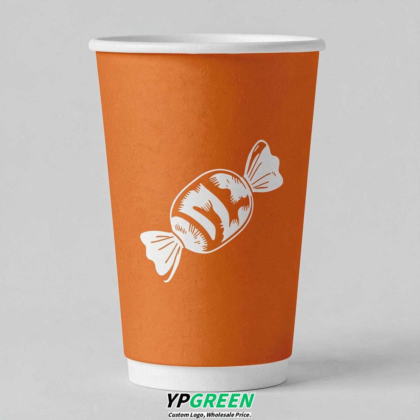 Tangerine Paper Cups with Candy Logo & Lids 8-24oz Tangerine Paper Cups with Candy Logo & Lids 8-24oz