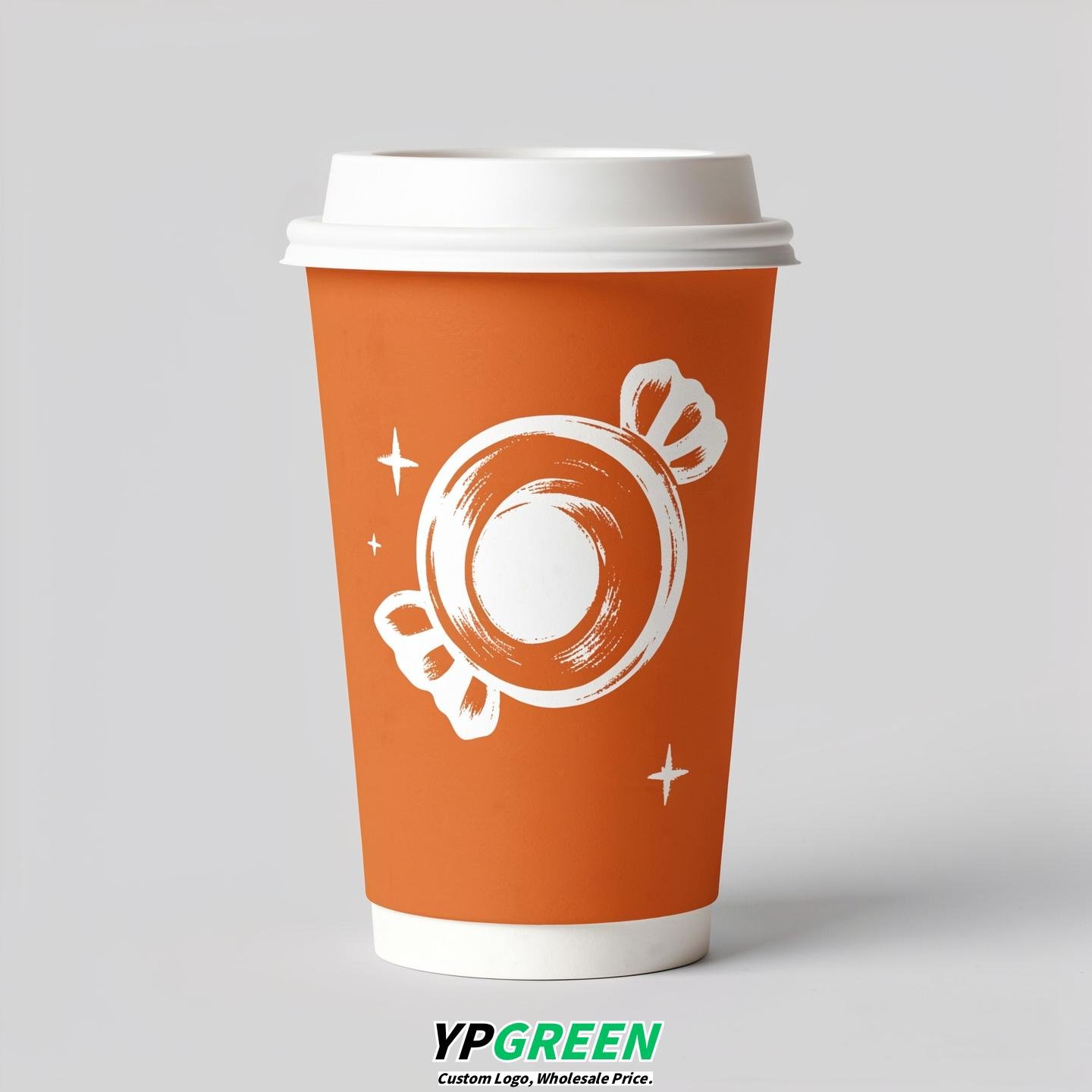 Tangerine Paper Cups with Candy Logo & Lids 8-24oz