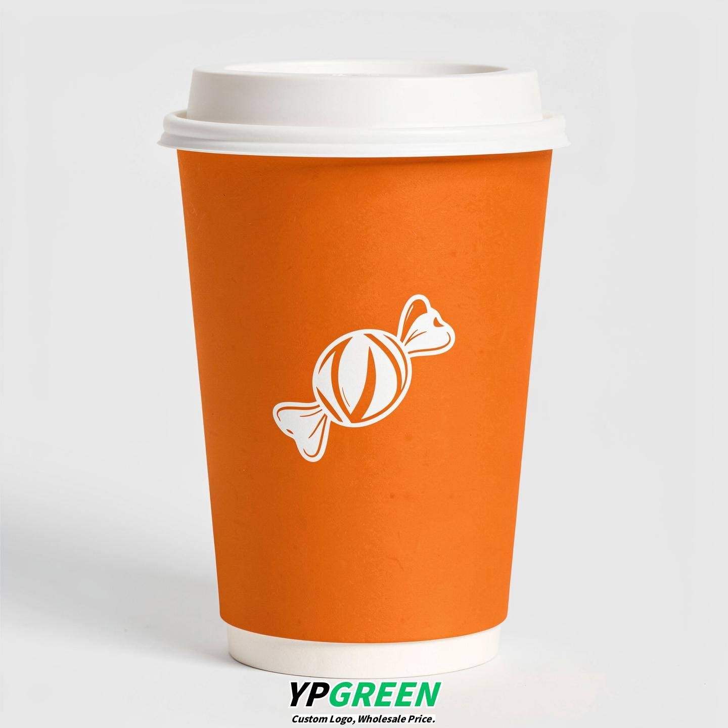 Tangerine Paper Cups with Candy Logo & Lids 8-24oz