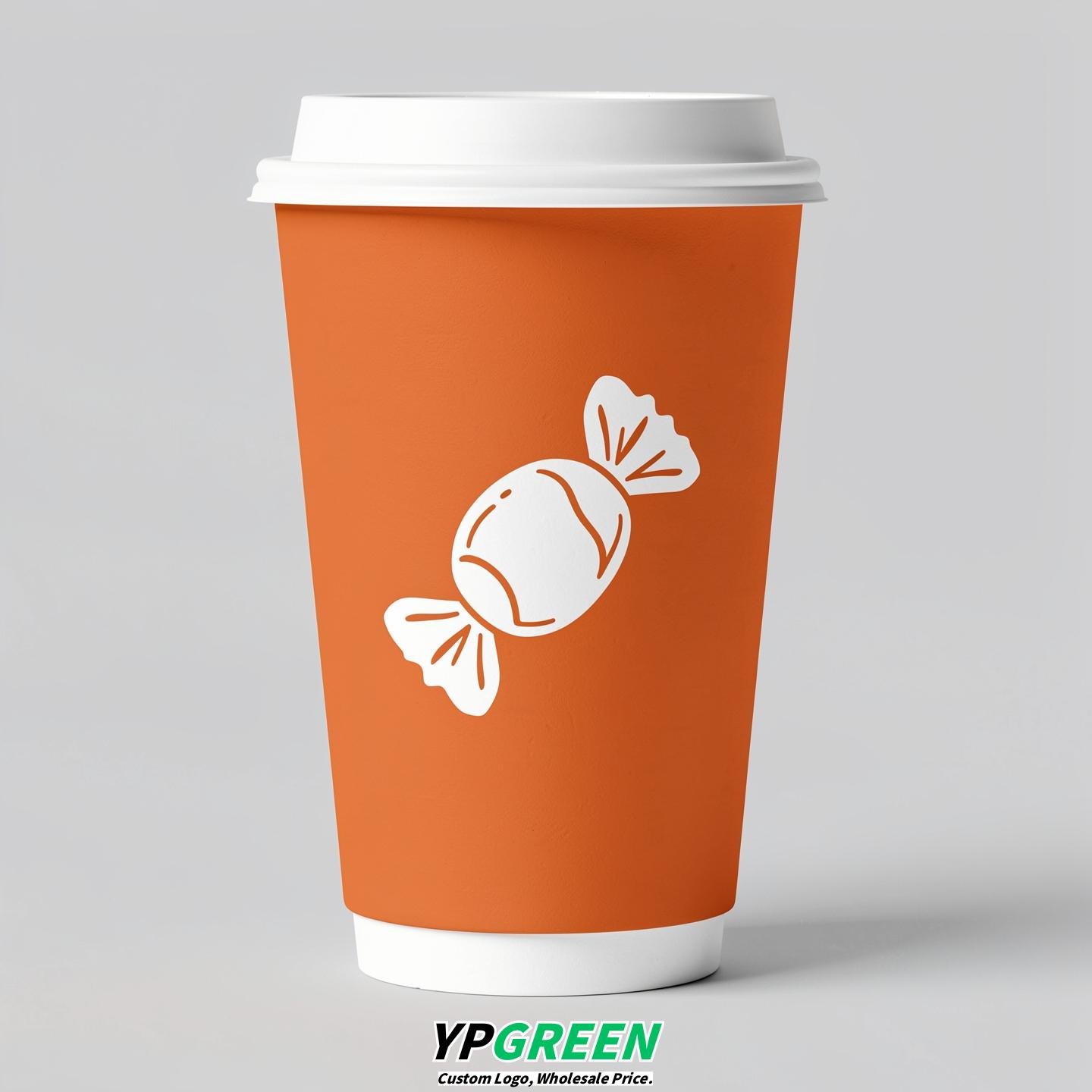 Tangerine Paper Cups with Candy Logo & Lids 8-24oz
