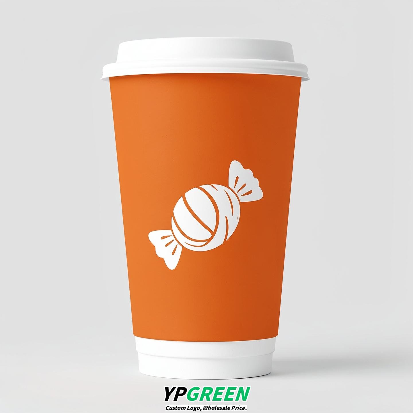 Tangerine Paper Cups with Candy Logo & Lids 8-24oz