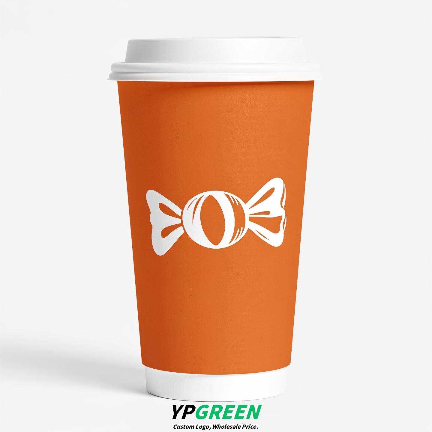 Tangerine Paper Cups with Candy Logo & Lids 8-24oz