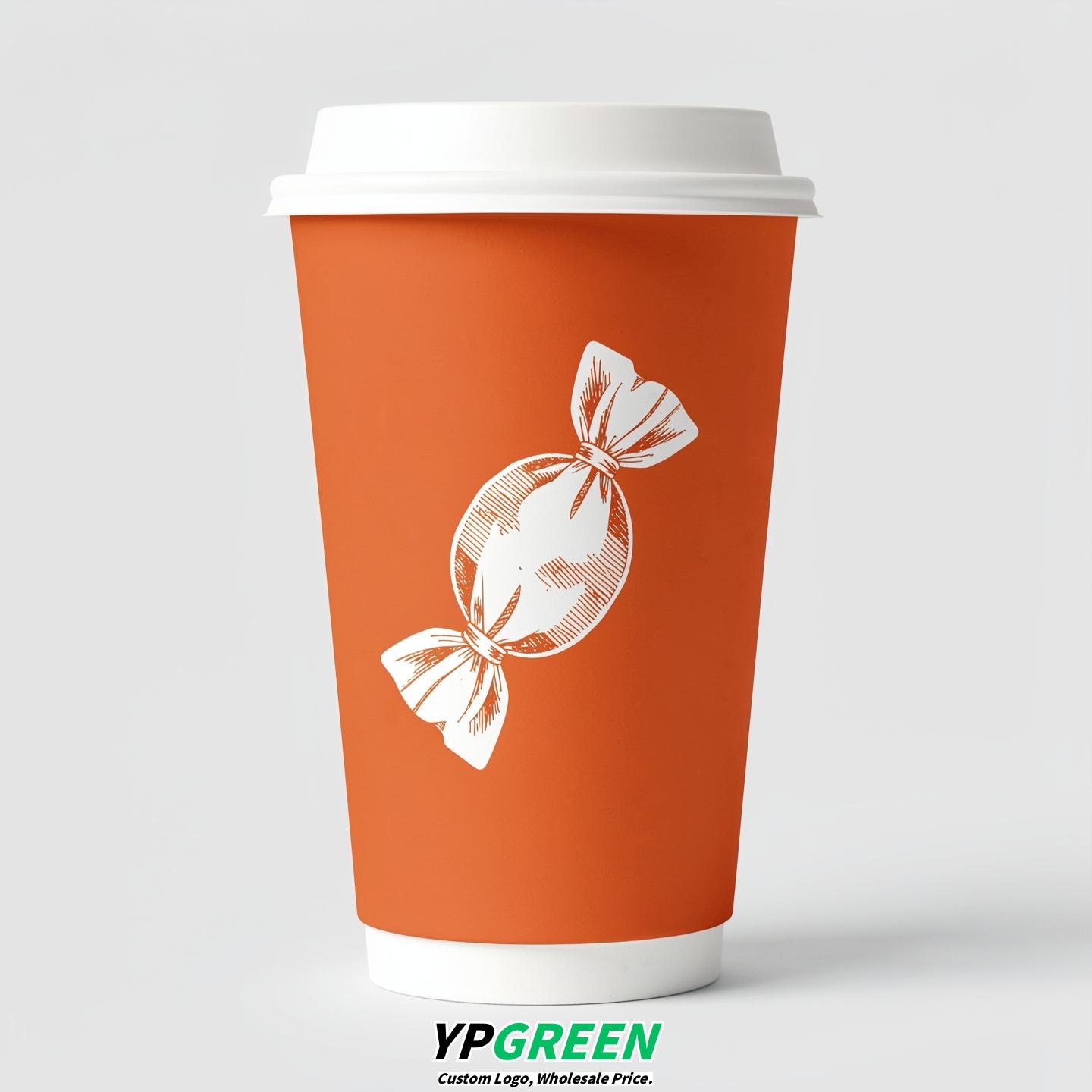 Tangerine Paper Cups with Candy Logo & Lids 8-24oz