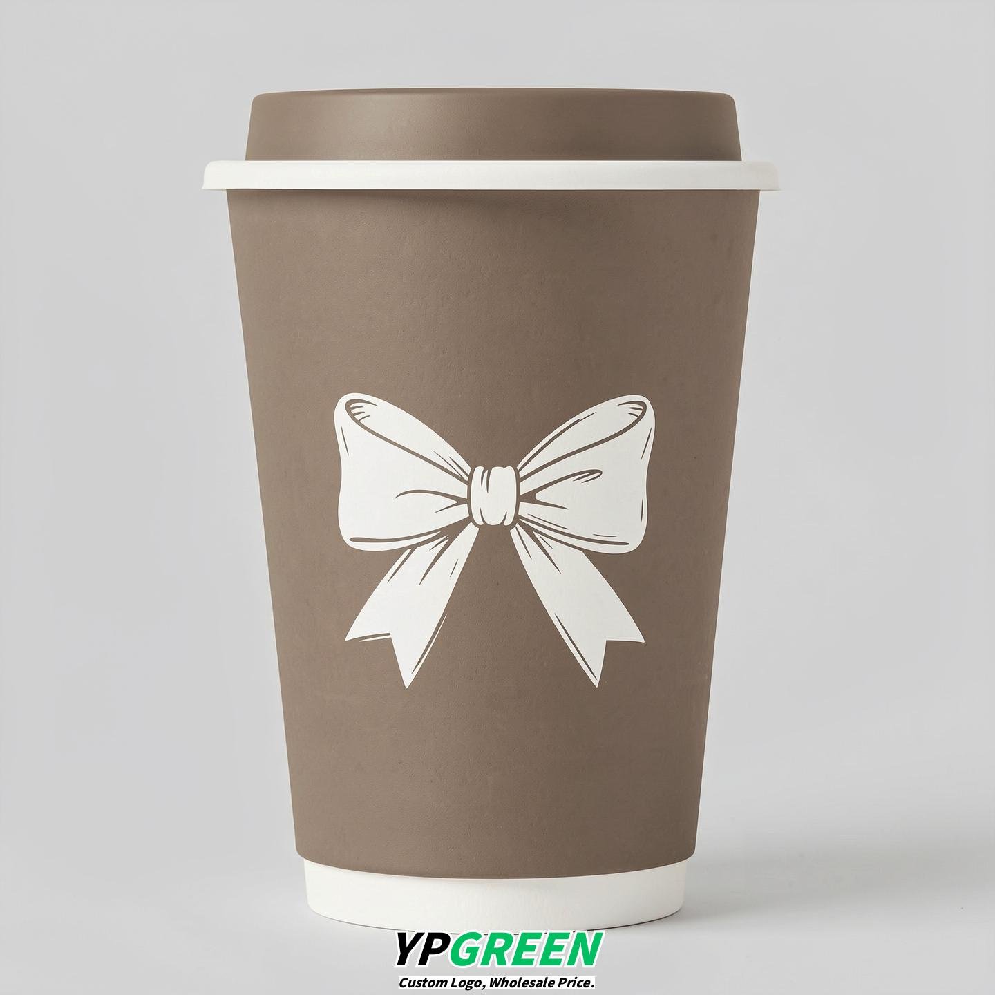 Taupe Paper Cups with Bow Logo & Lids 8-24oz