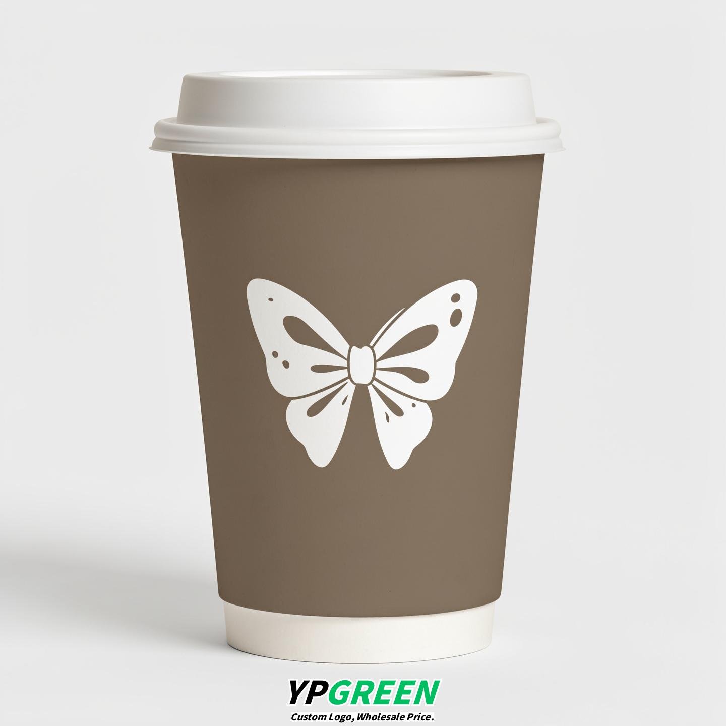 Taupe Paper Cups with Bow Logo & Lids 8-24oz